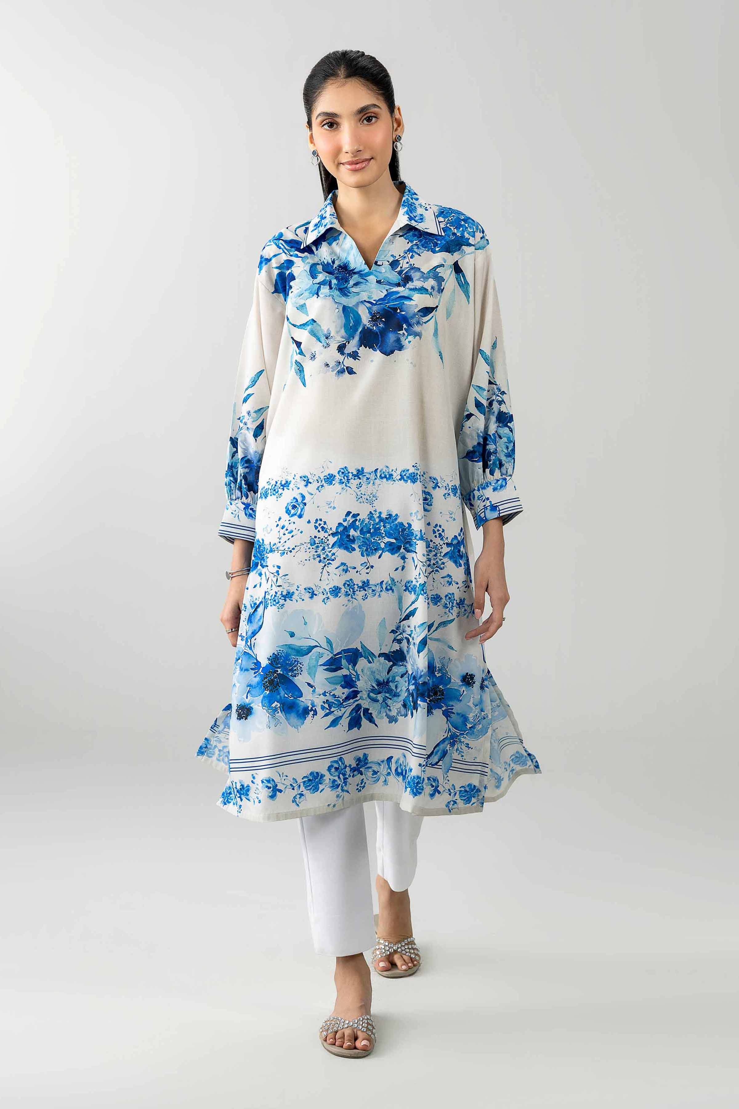 Nishat UK - White Printed Silk 1-piece ready to wear tunic