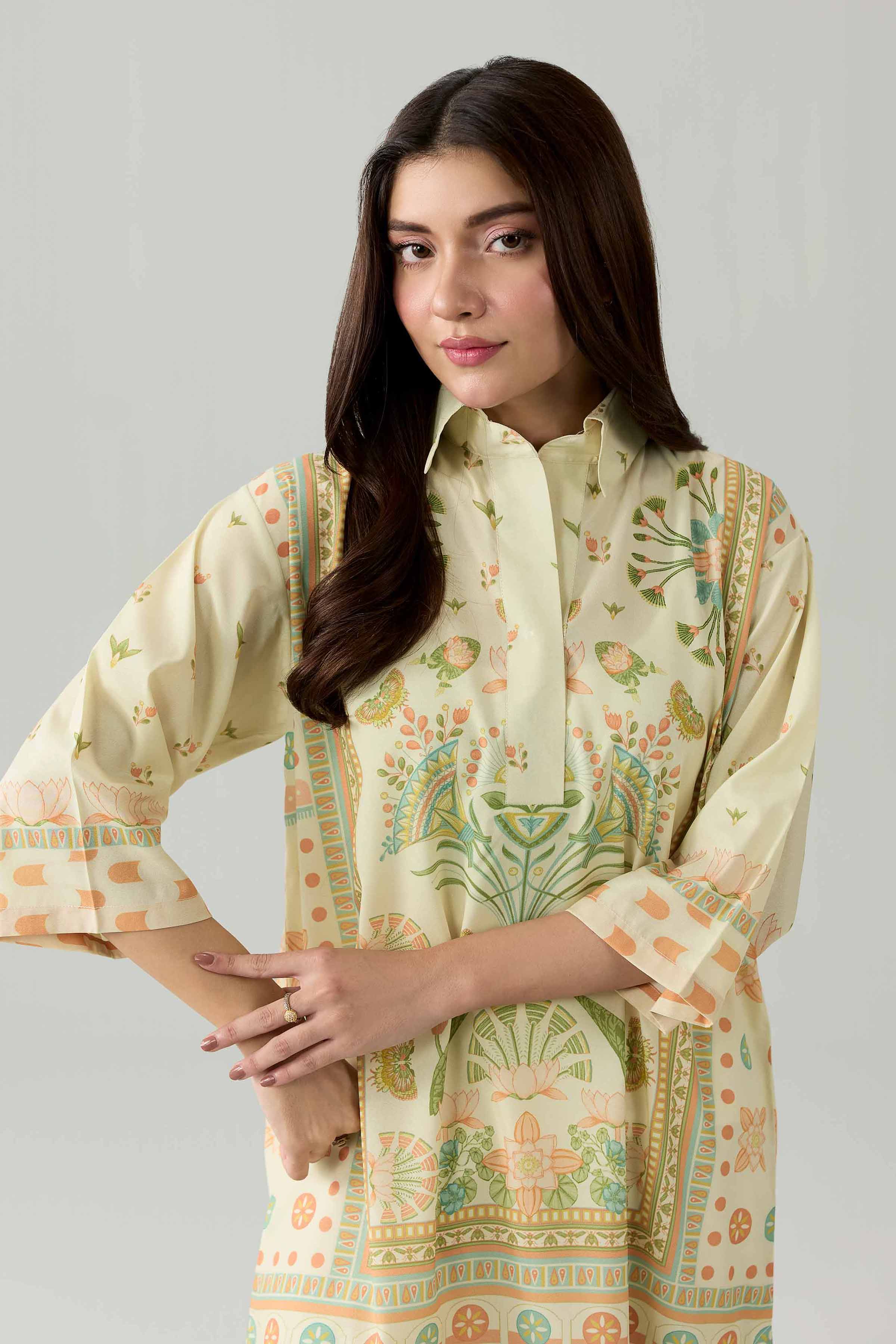 Nishat UK - Beige Printed Silk 1 Piece ready to wear tunic