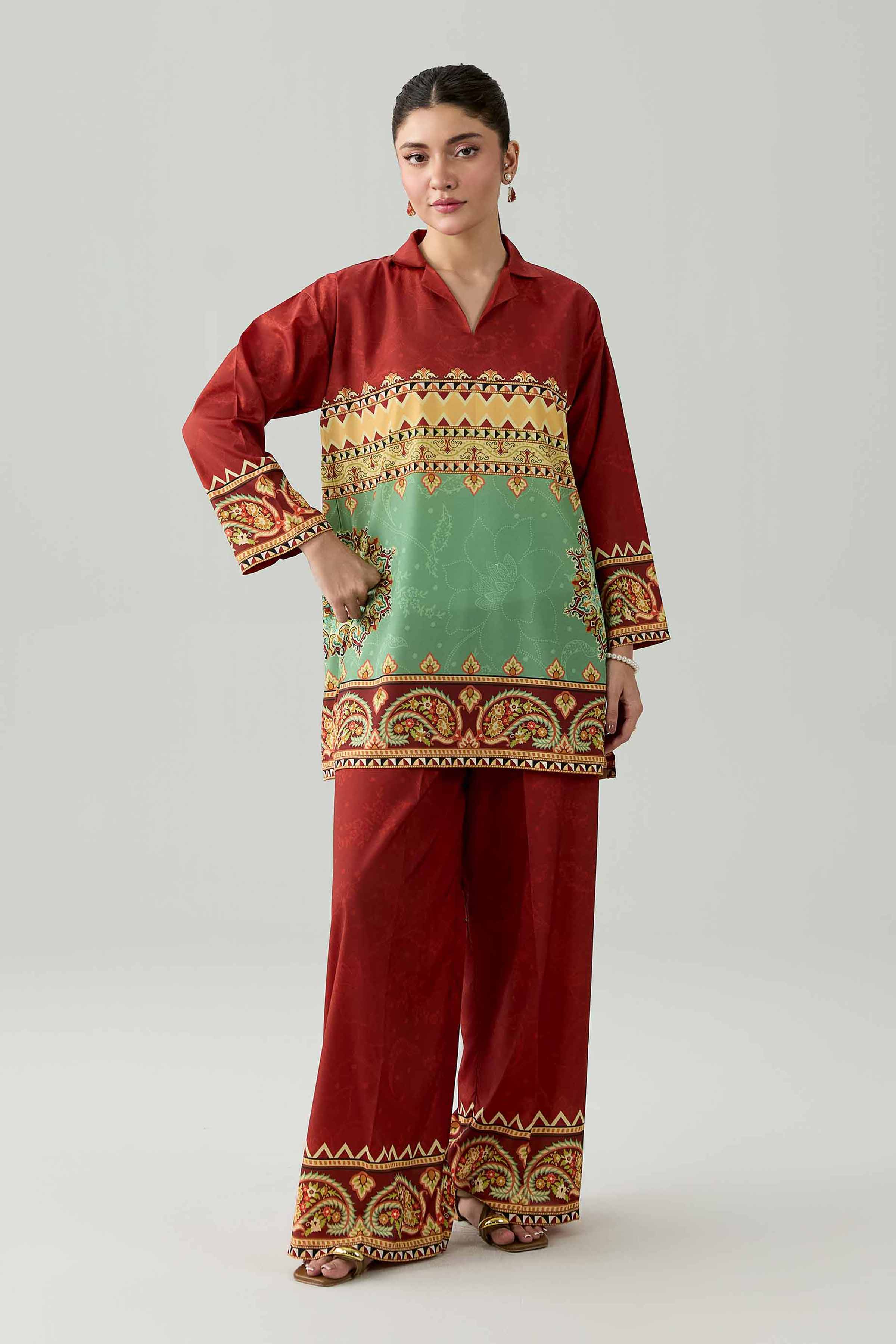 Nishat UK - Red Printed Silk 2 Pieces ready to wear western dress