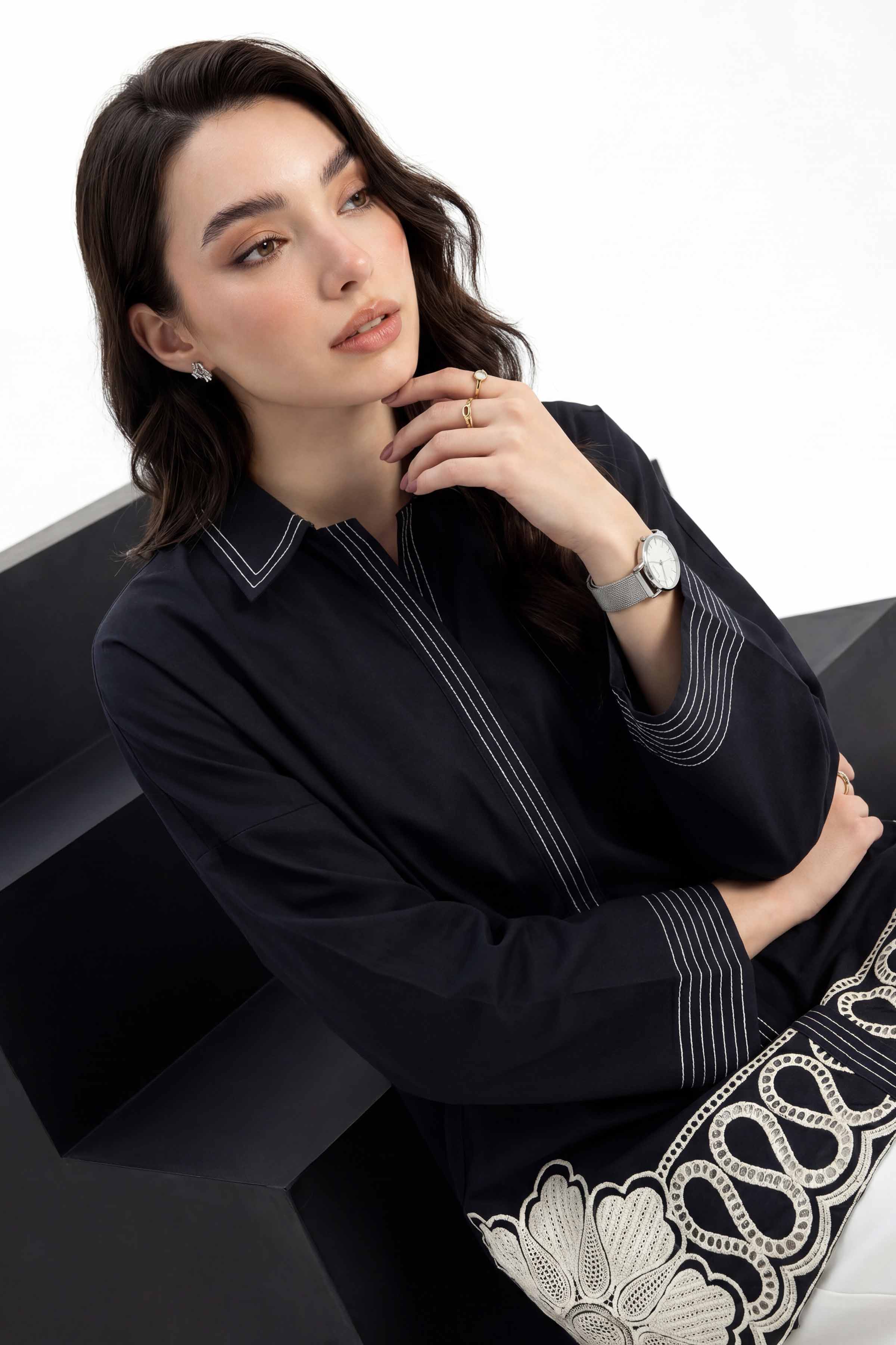 Nishat UK - Black Embroidered Cambric 1 Piece ready to wear tunic
