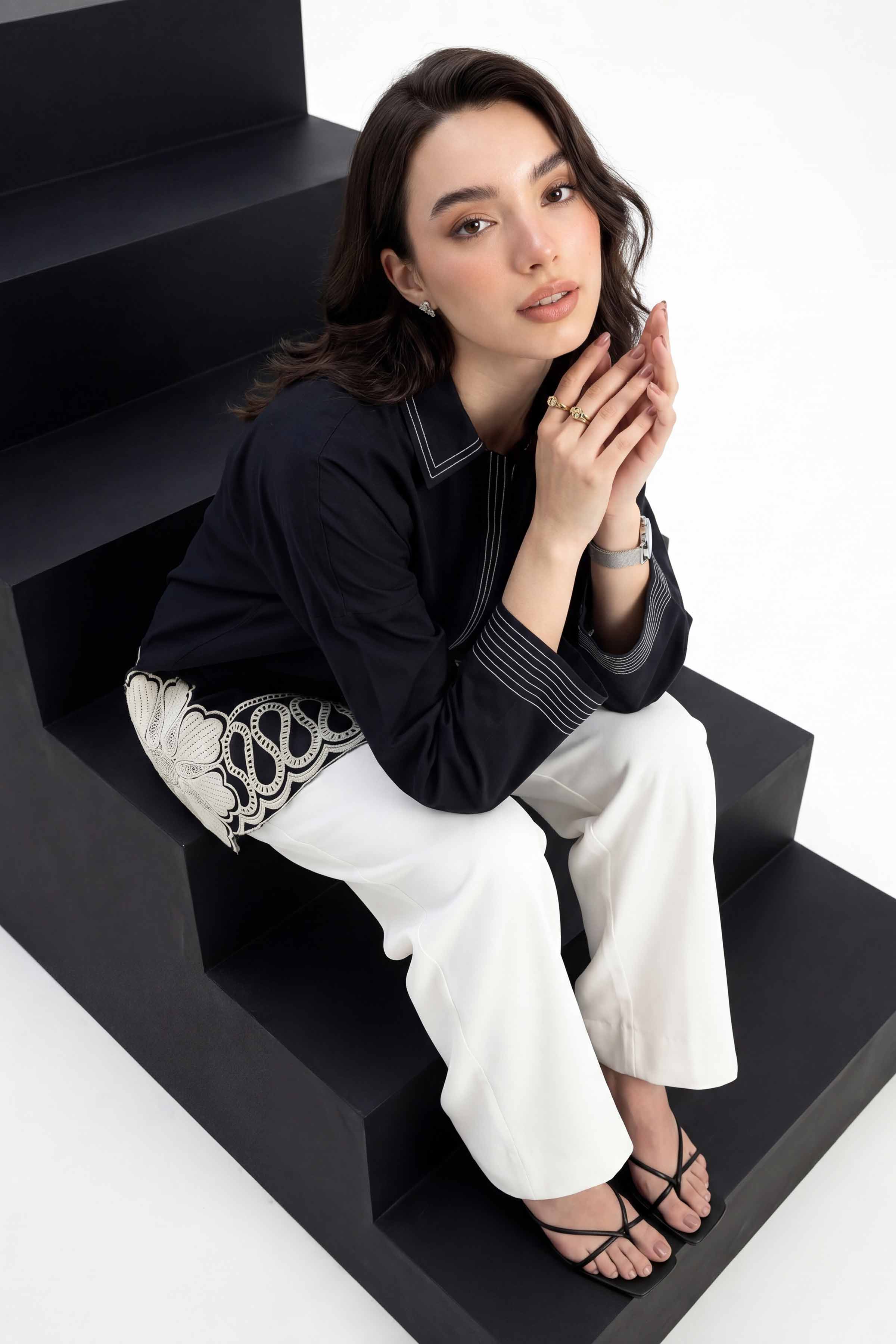 Nishat UK - Black Embroidered Cambric 1 Piece ready to wear tunic