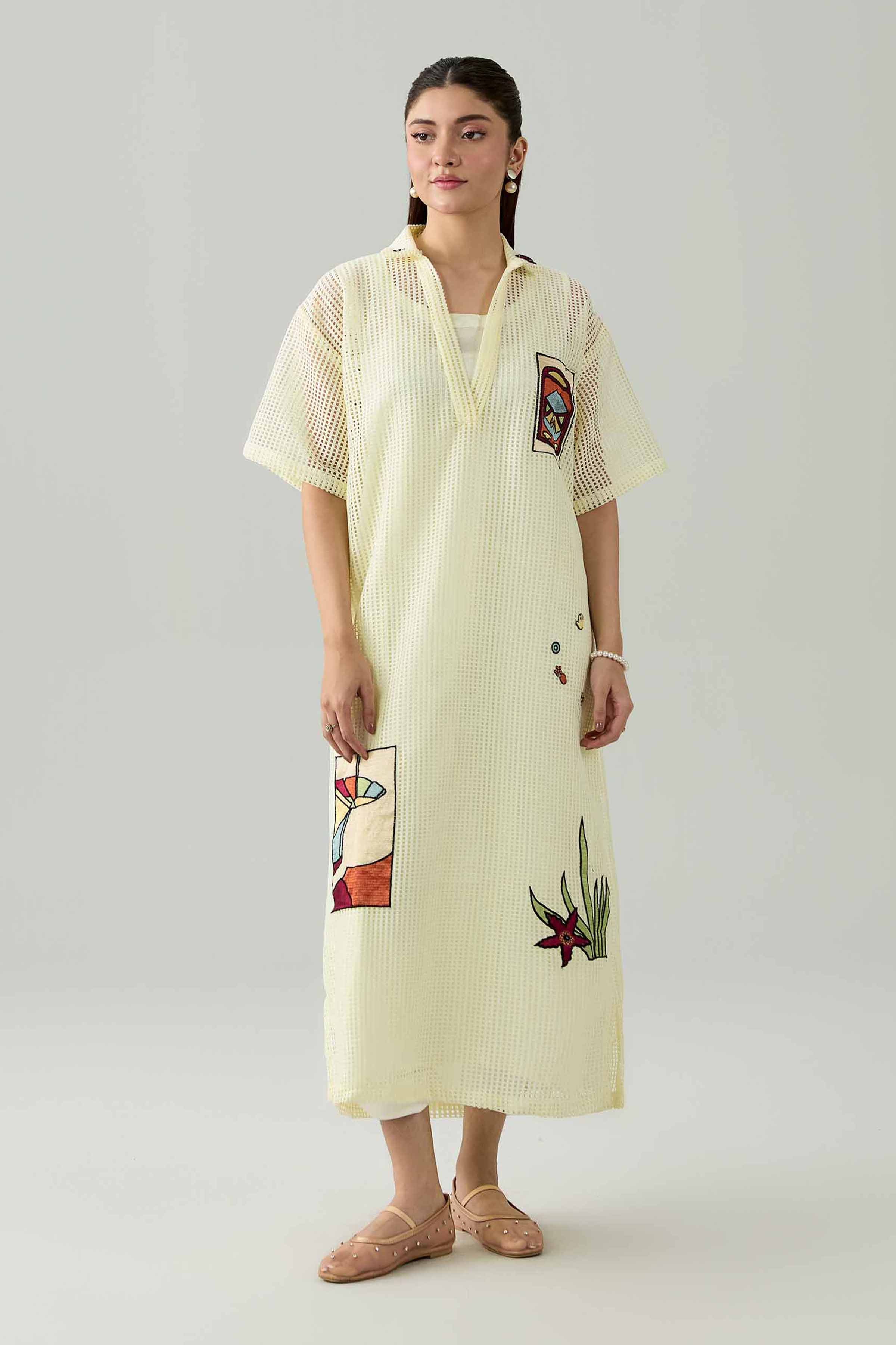 Nishat UK - Off White  Embroidered Net 1 Piece ready to wear Dress