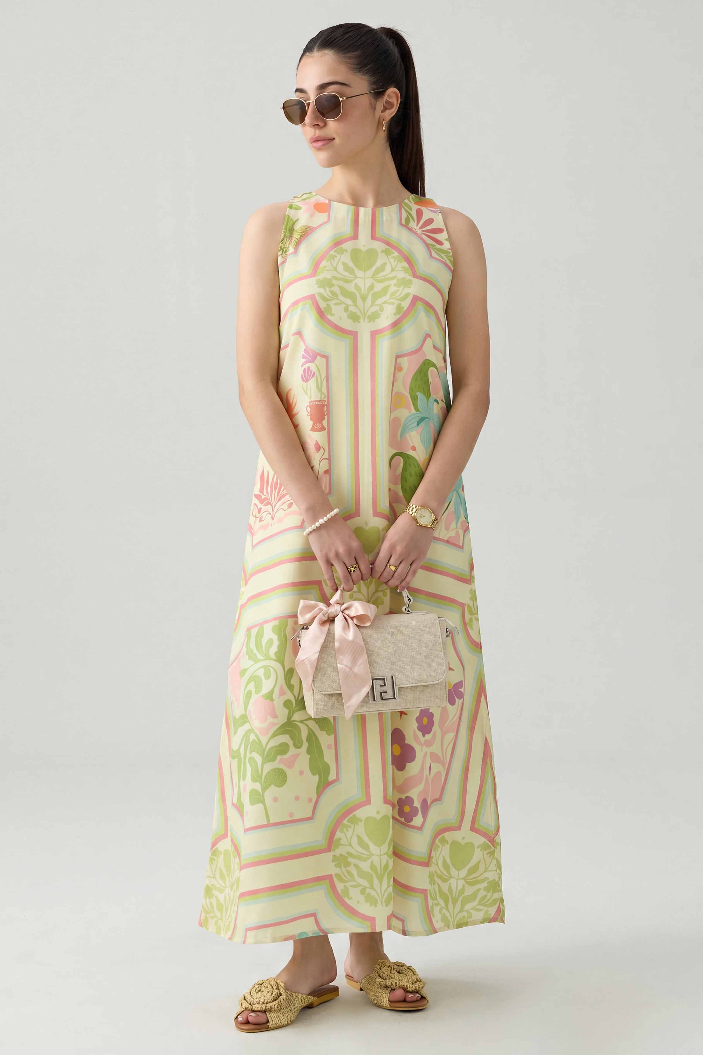 Nishat UK - Off White  Printed Silk 1 Piece ready to wear long dress
