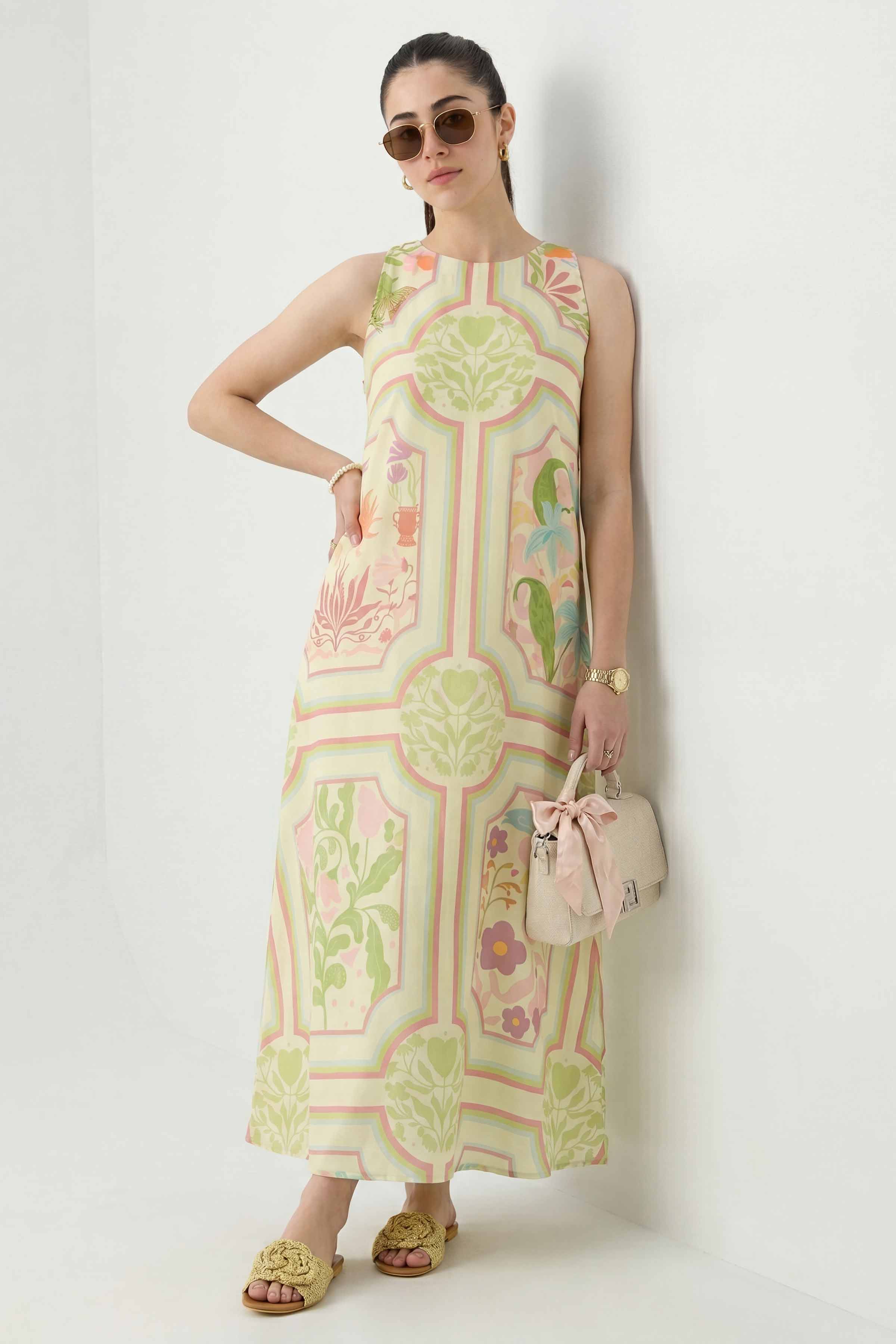 Nishat UK - Off White  Printed Silk 1 Piece ready to wear long dress