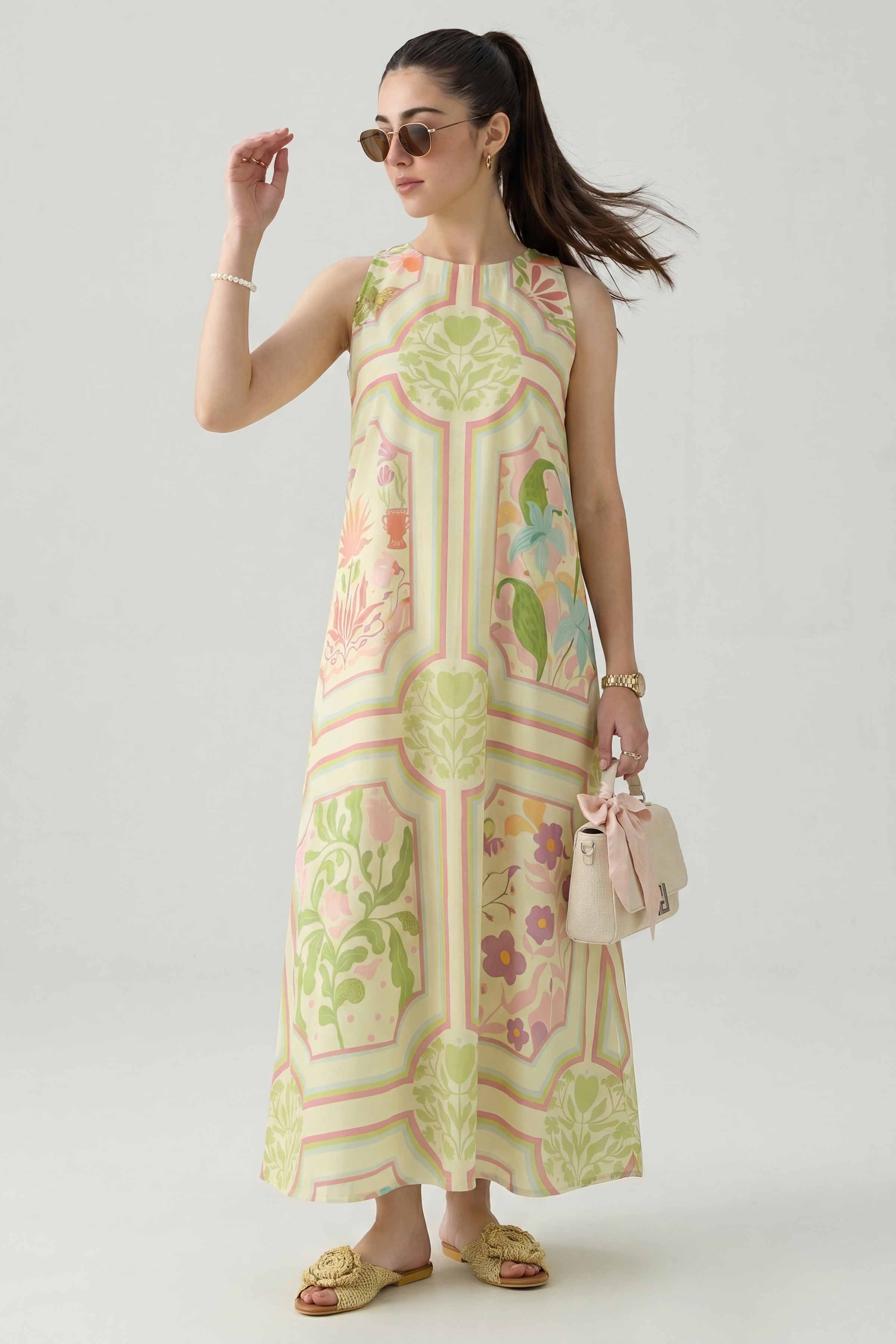 Nishat UK - Off White  Printed Silk 1 Piece ready to wear long dress