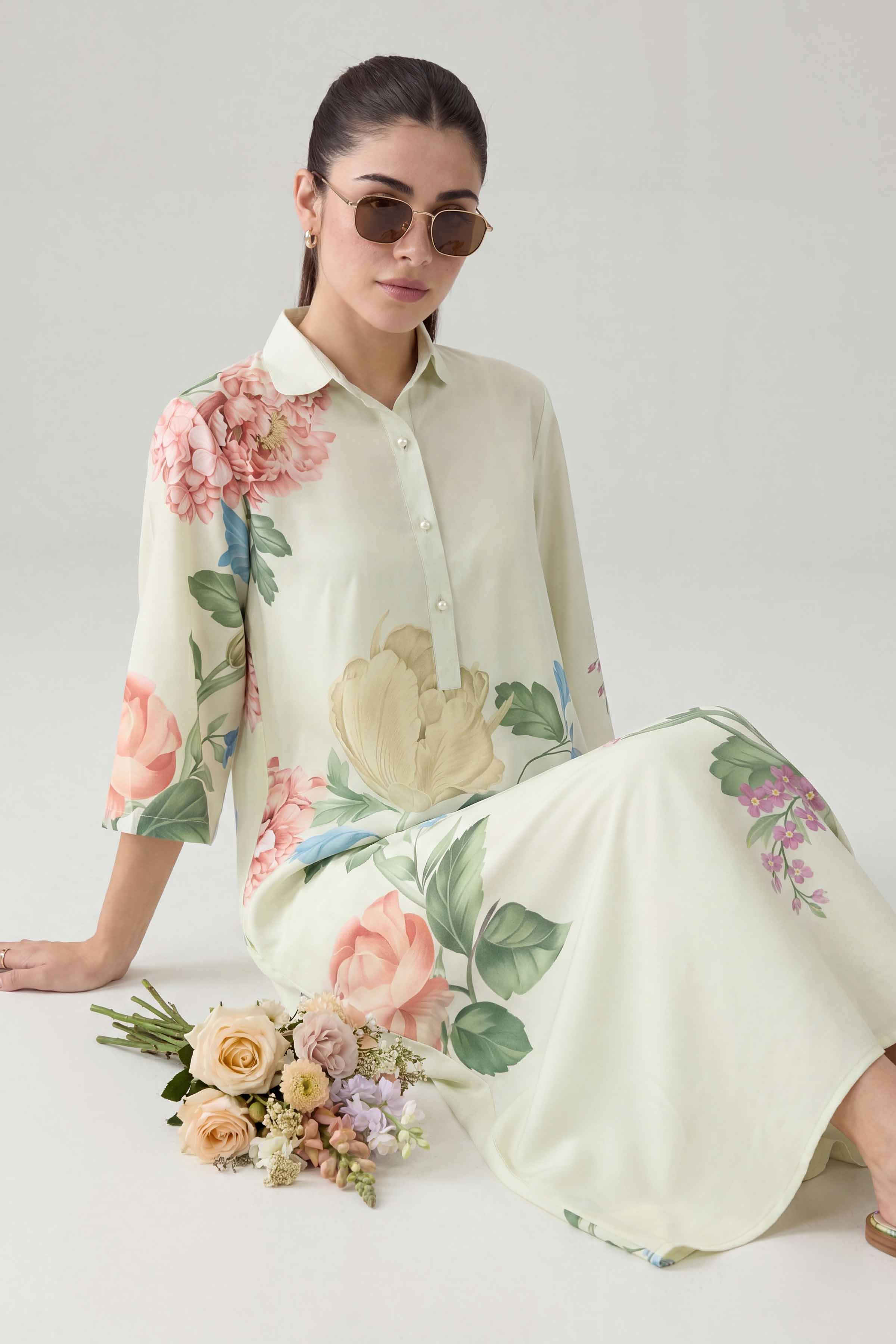 Nishat UK - Off White Printed Silk 1 Piece ready to wear Dress