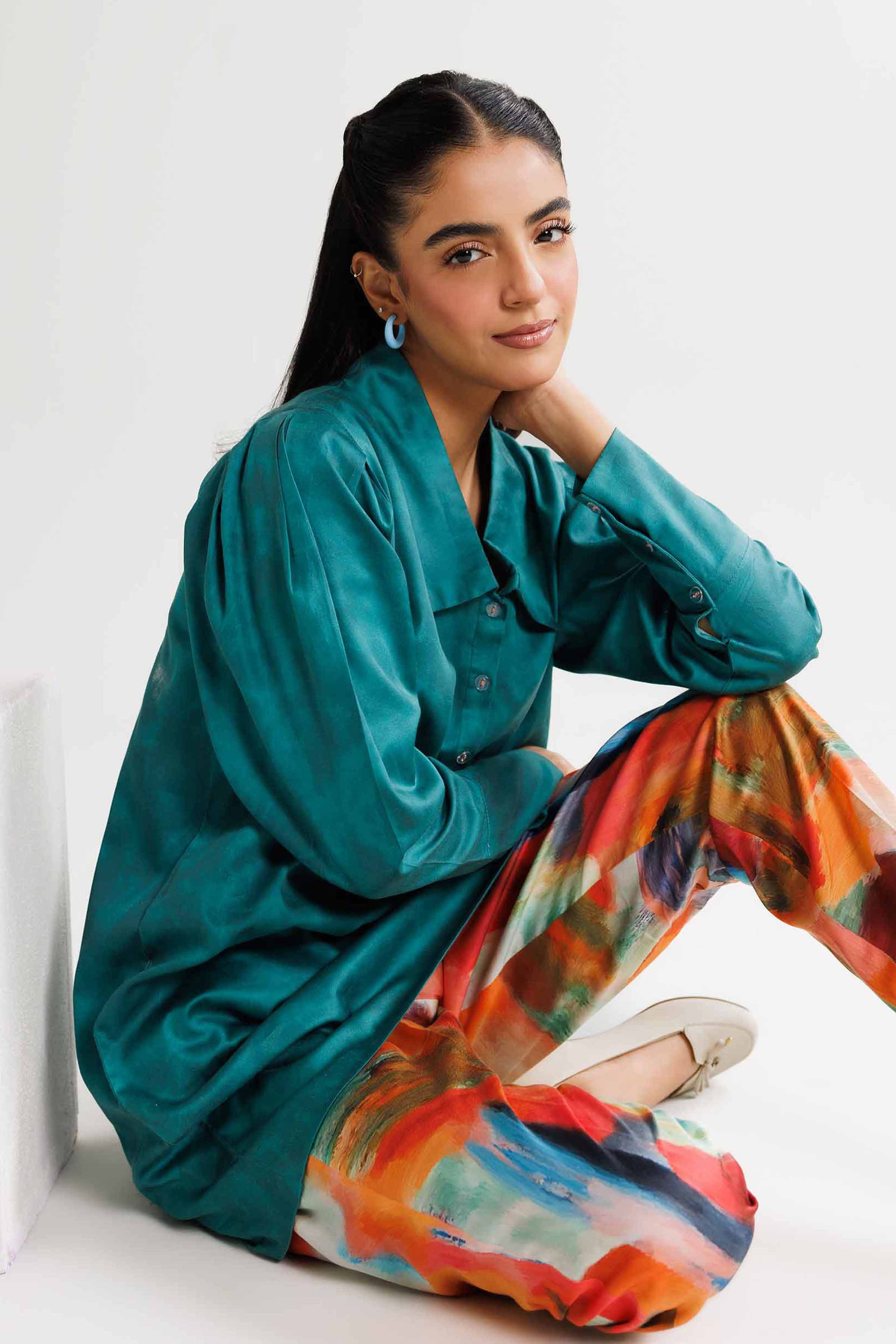 NishatUK - Green Printed  Satin 2-piece ready to wear Dress