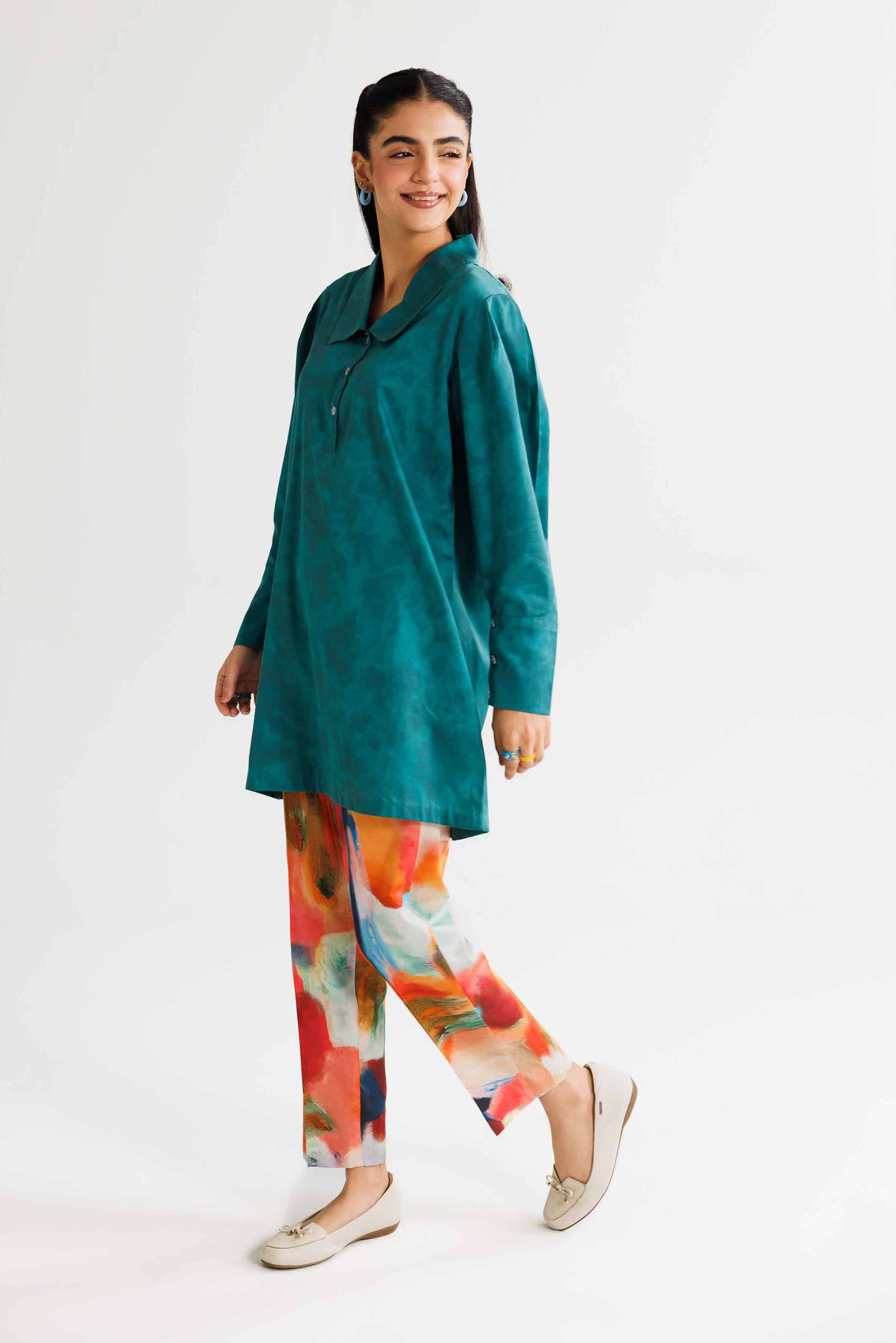 NishatUK - Green Printed  Satin 2-piece ready to wear Dress