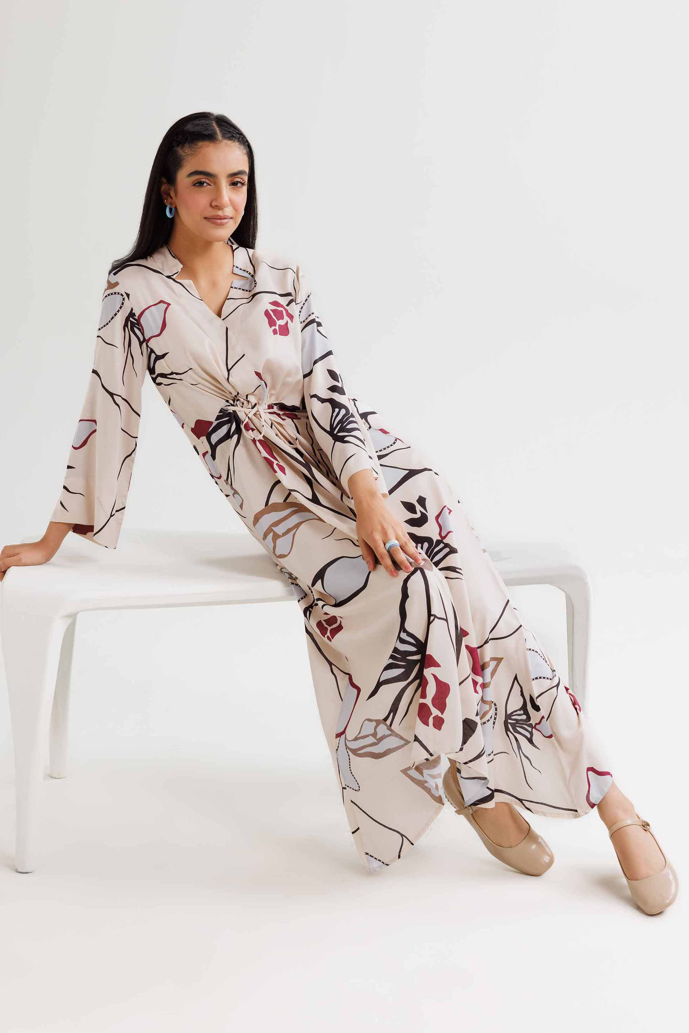 NishatUK - Beige Printed  Micro Modal 1-piece ready to wear Long Dress
