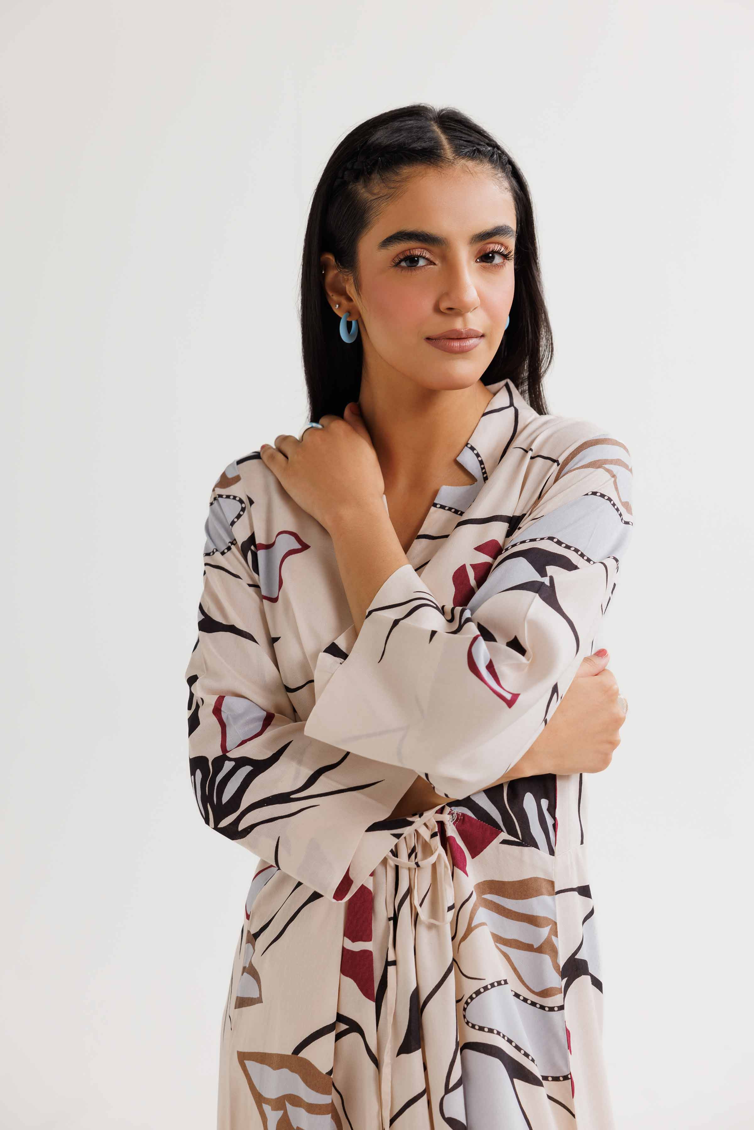 NishatUK - Beige Printed  Micro Modal 1-piece ready to wear Long Dress