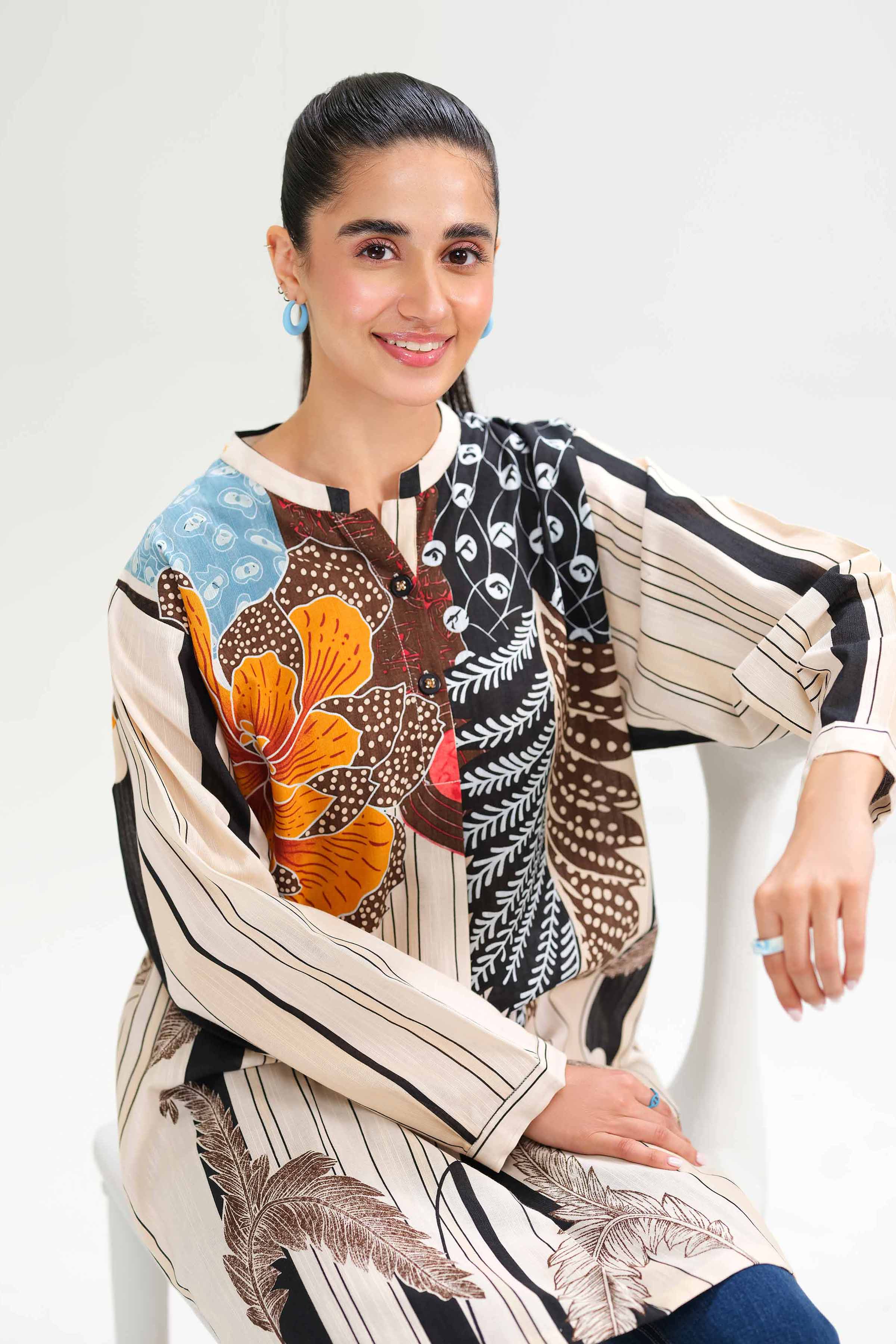 NishatUK - Beige Printed Khaddar 1-piece ready to wear Tunic