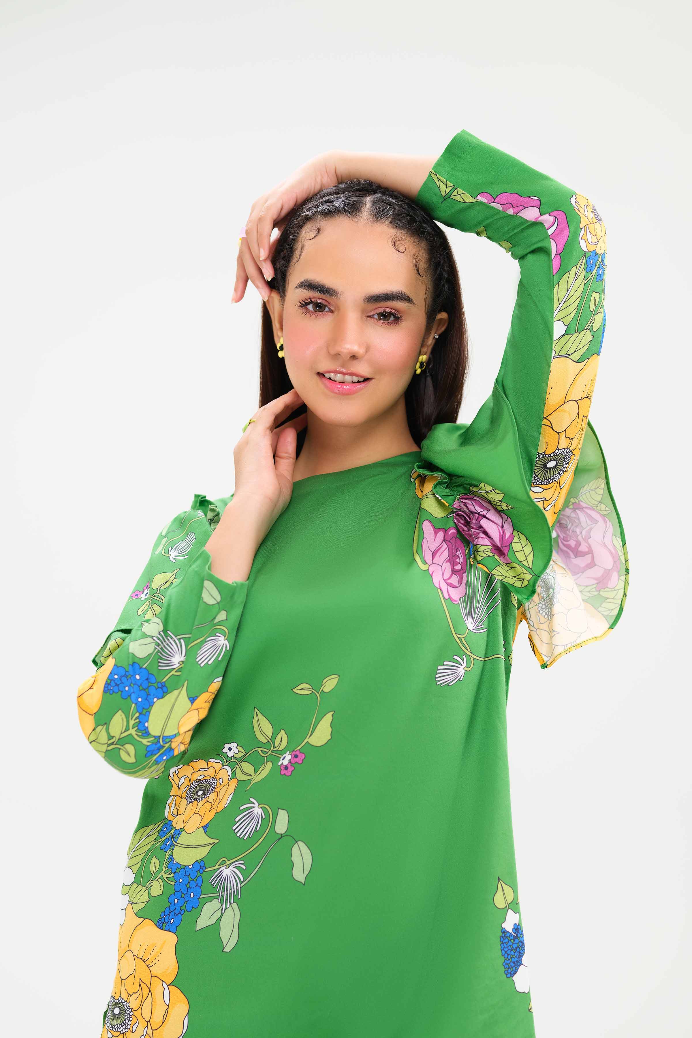 NishatUK - Green Printed  Satin 2-piece ready to wear Dress