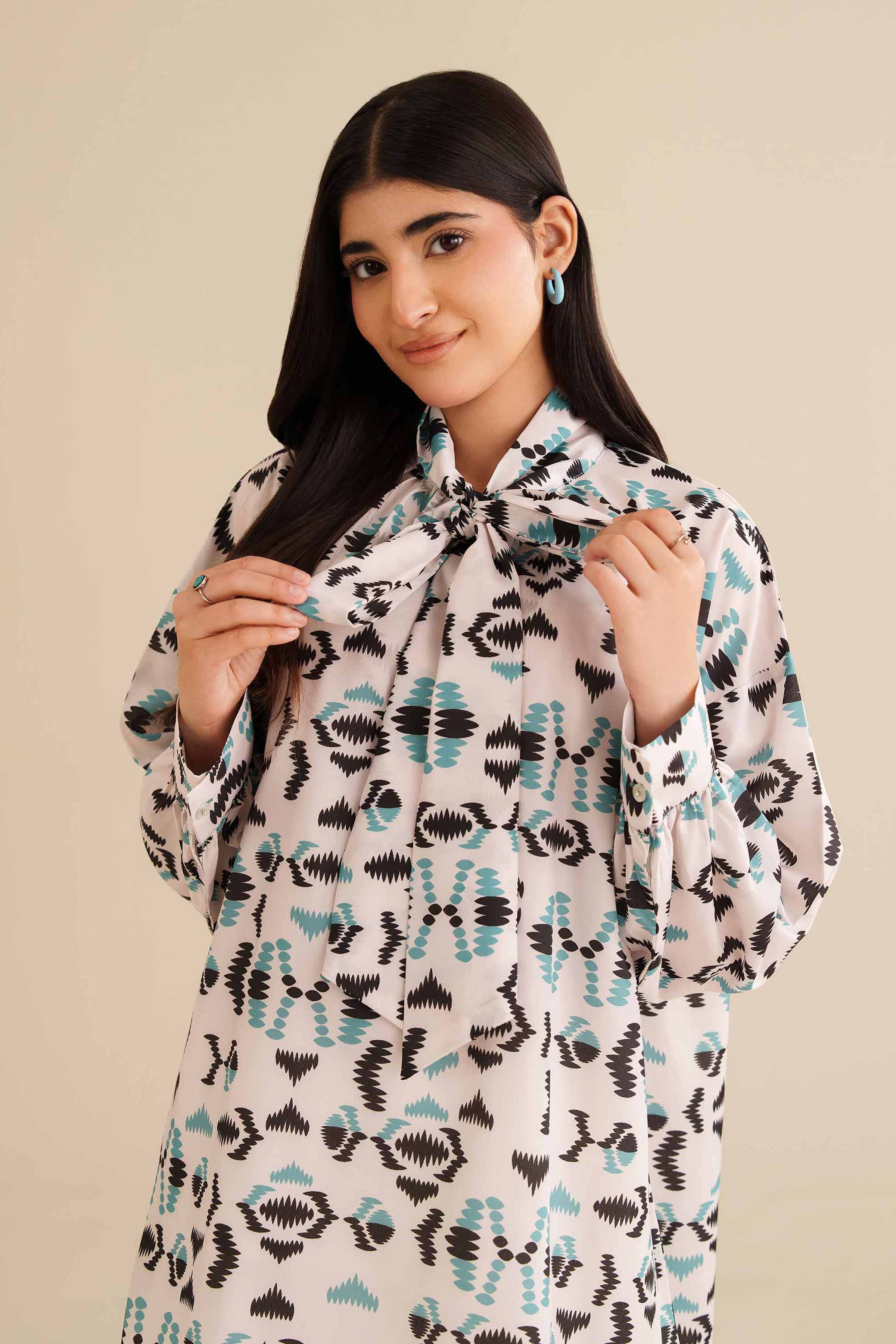 NishatUK - White Printed Silk 1-piece ready to wear Tunic