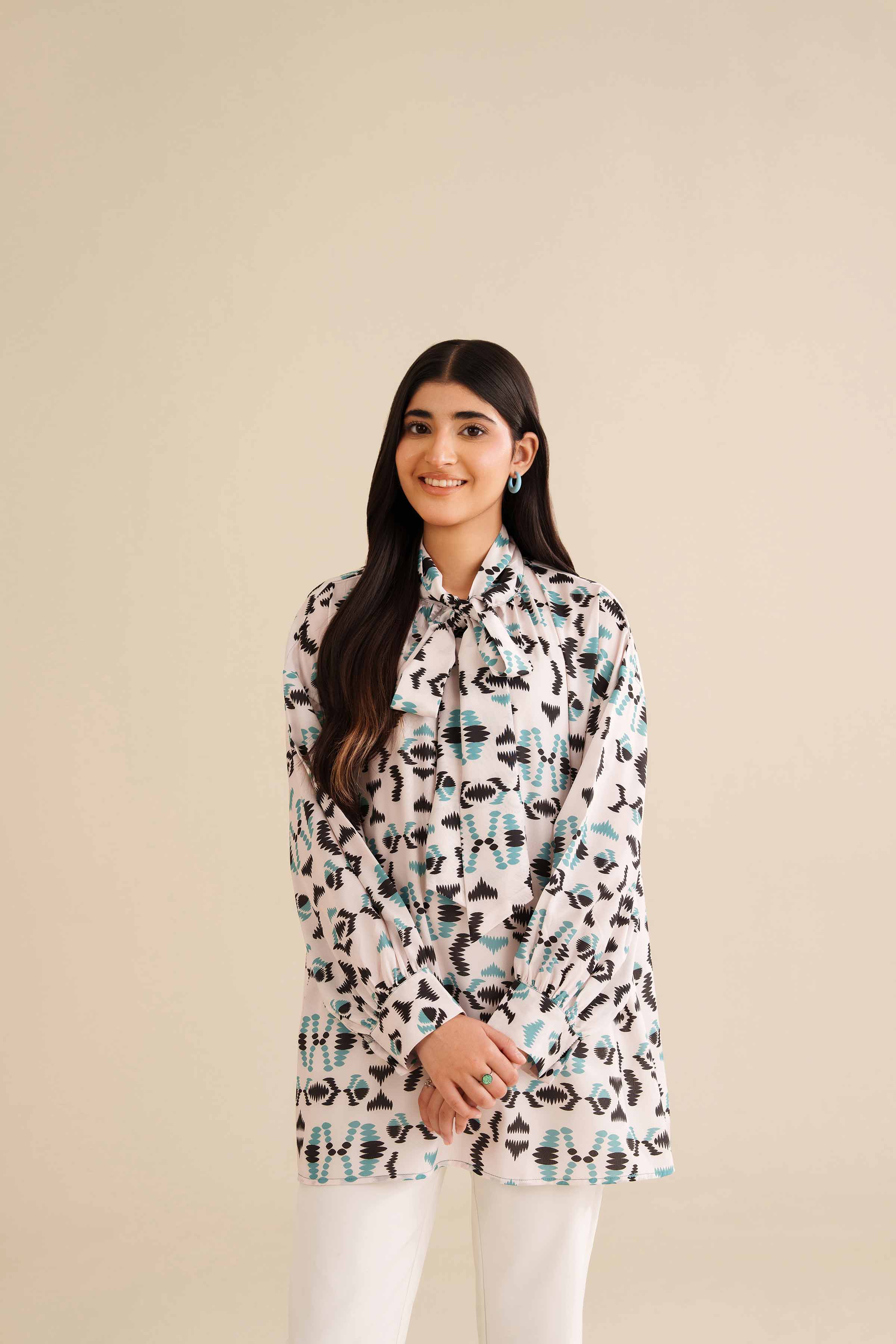 NishatUK - White Printed Silk 1-piece ready to wear Tunic