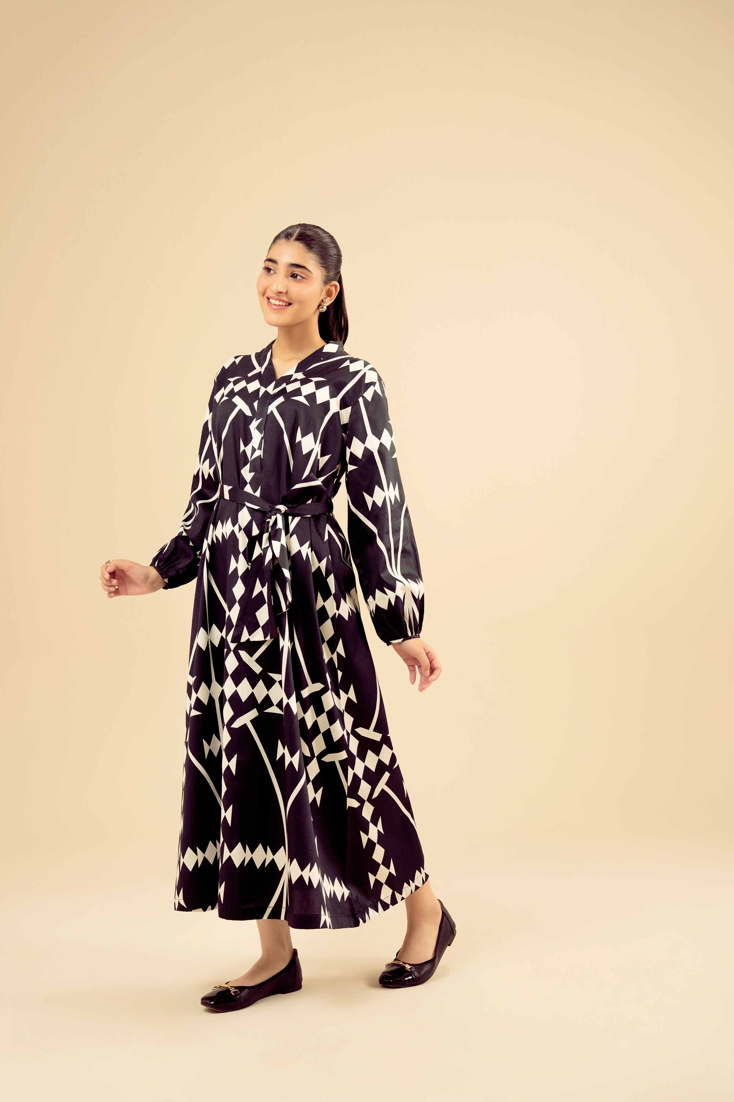 NishatUK - Black Printed  Satin 1-piece ready to wear Long Dress