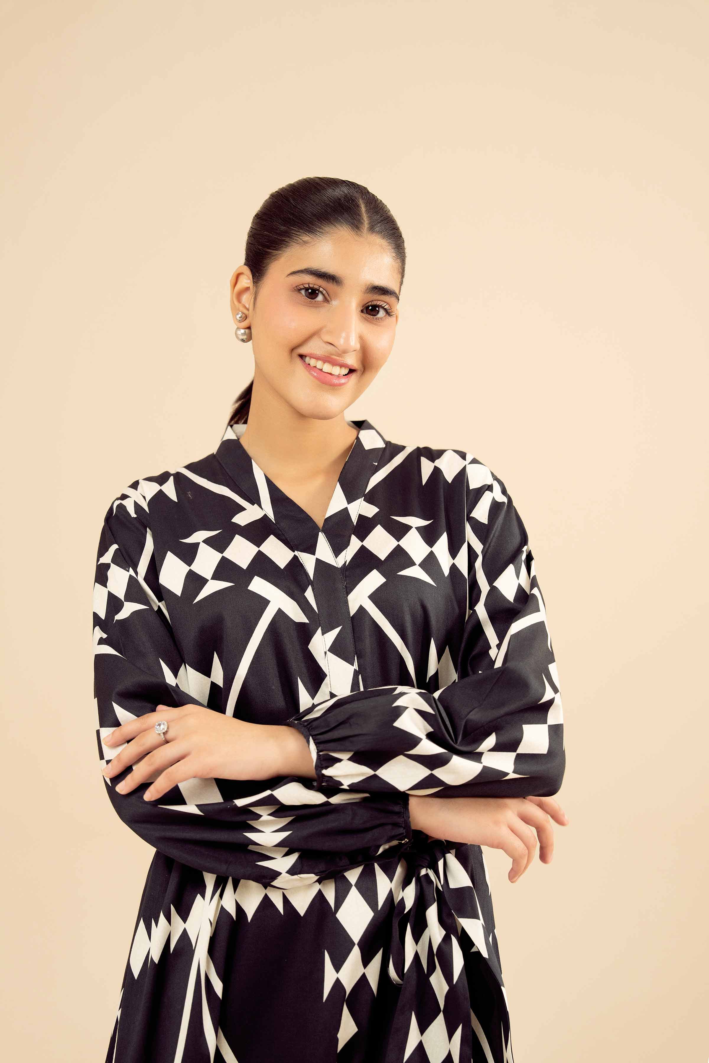 NishatUK - Black Printed  Satin 1-piece ready to wear Long Dress