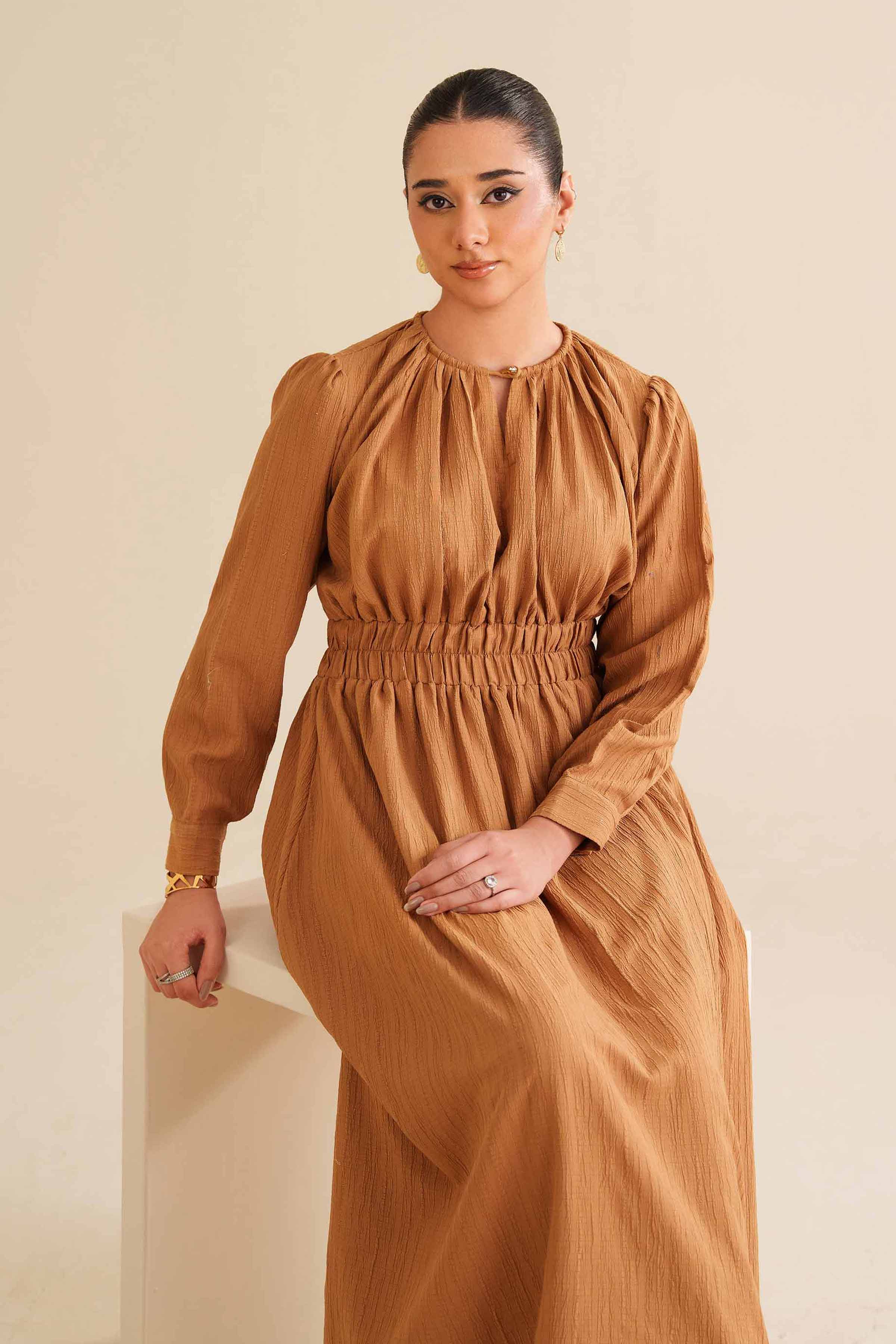 NishatUK - Yellow Solids Stripe Crinkle 1-piece ready to wear Long Dress