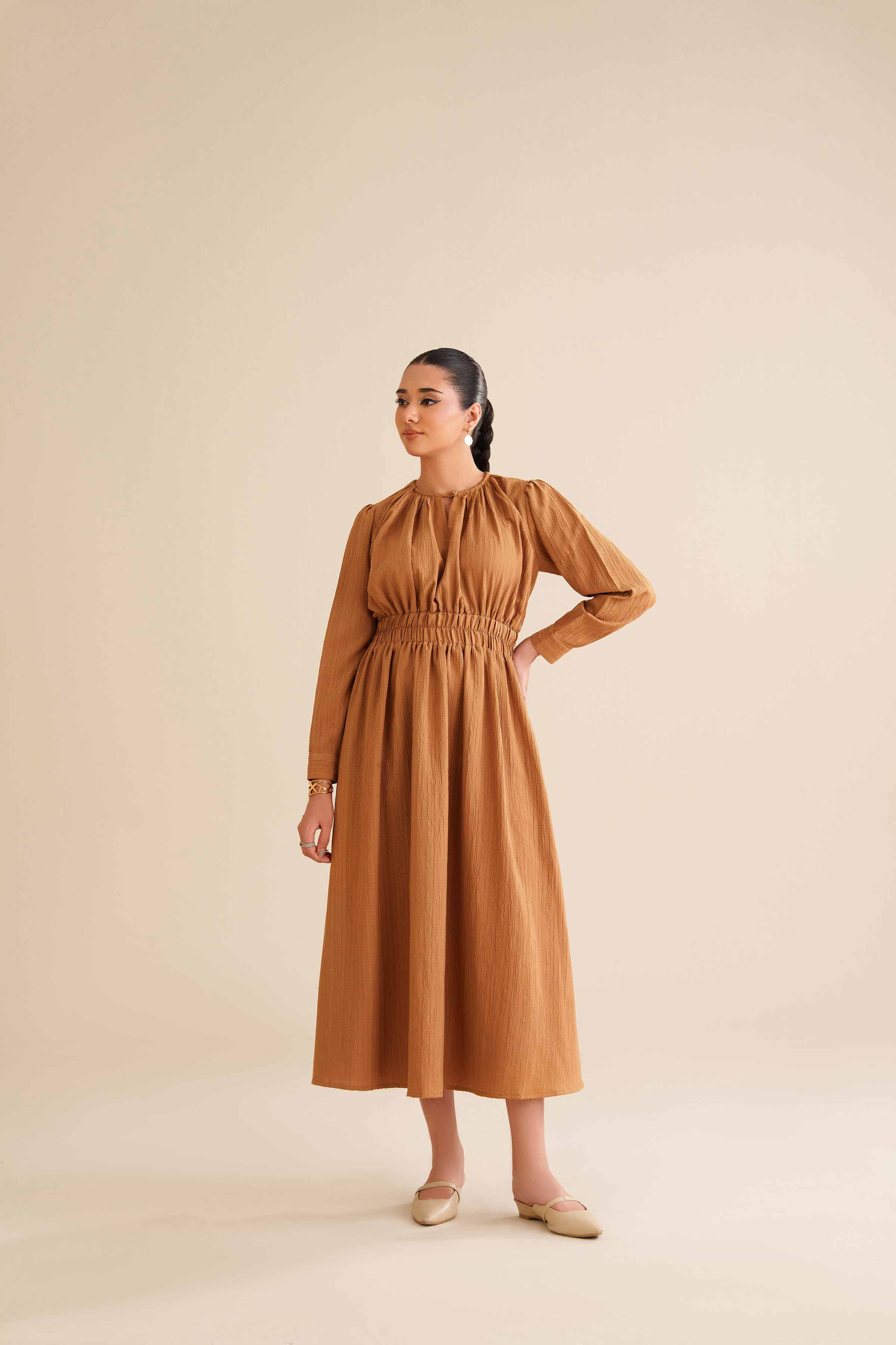 NishatUK - Yellow Solids Stripe Crinkle 1-piece ready to wear Long Dress