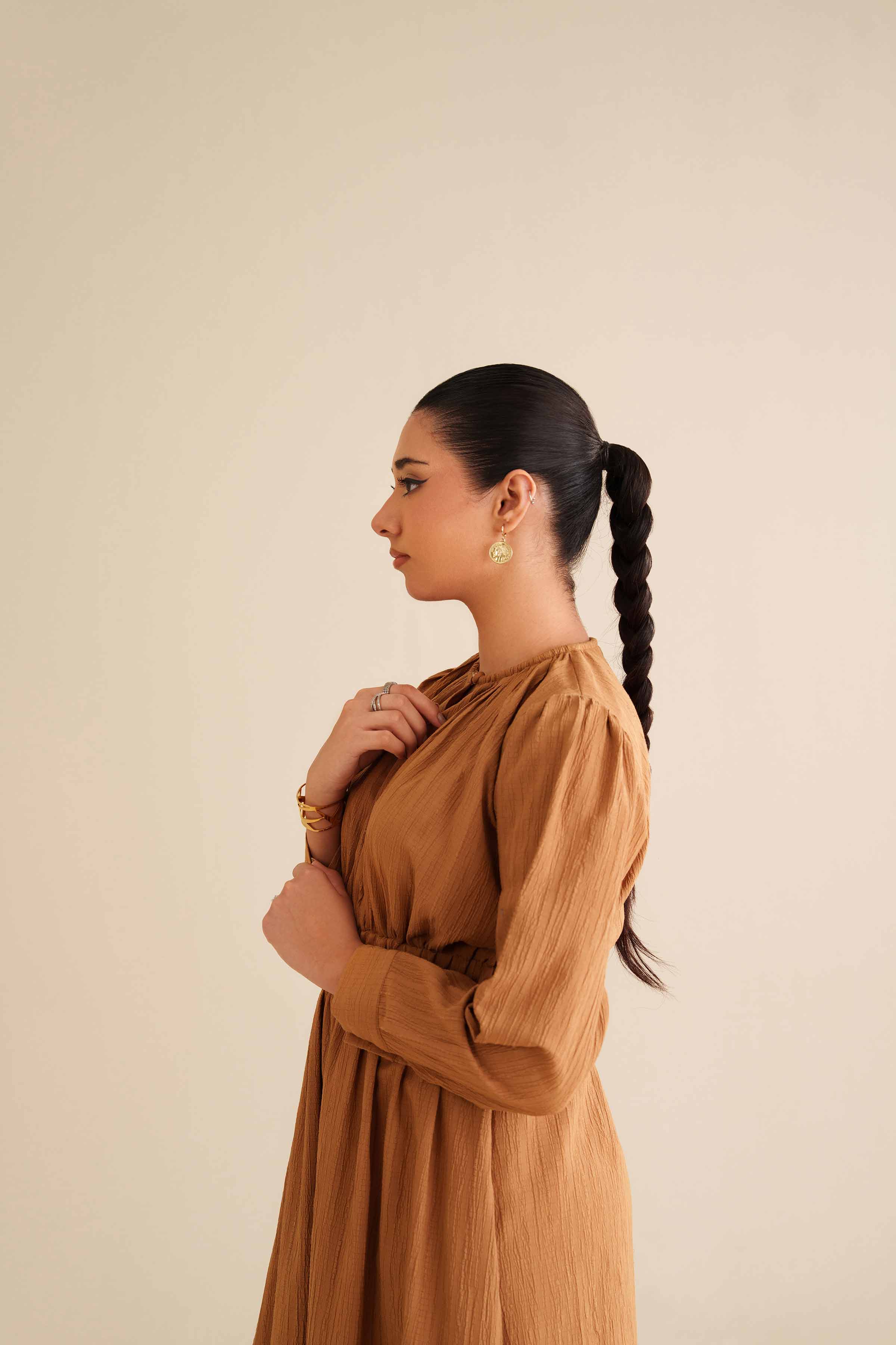 NishatUK - Yellow Solids Stripe Crinkle 1-piece ready to wear Long Dress