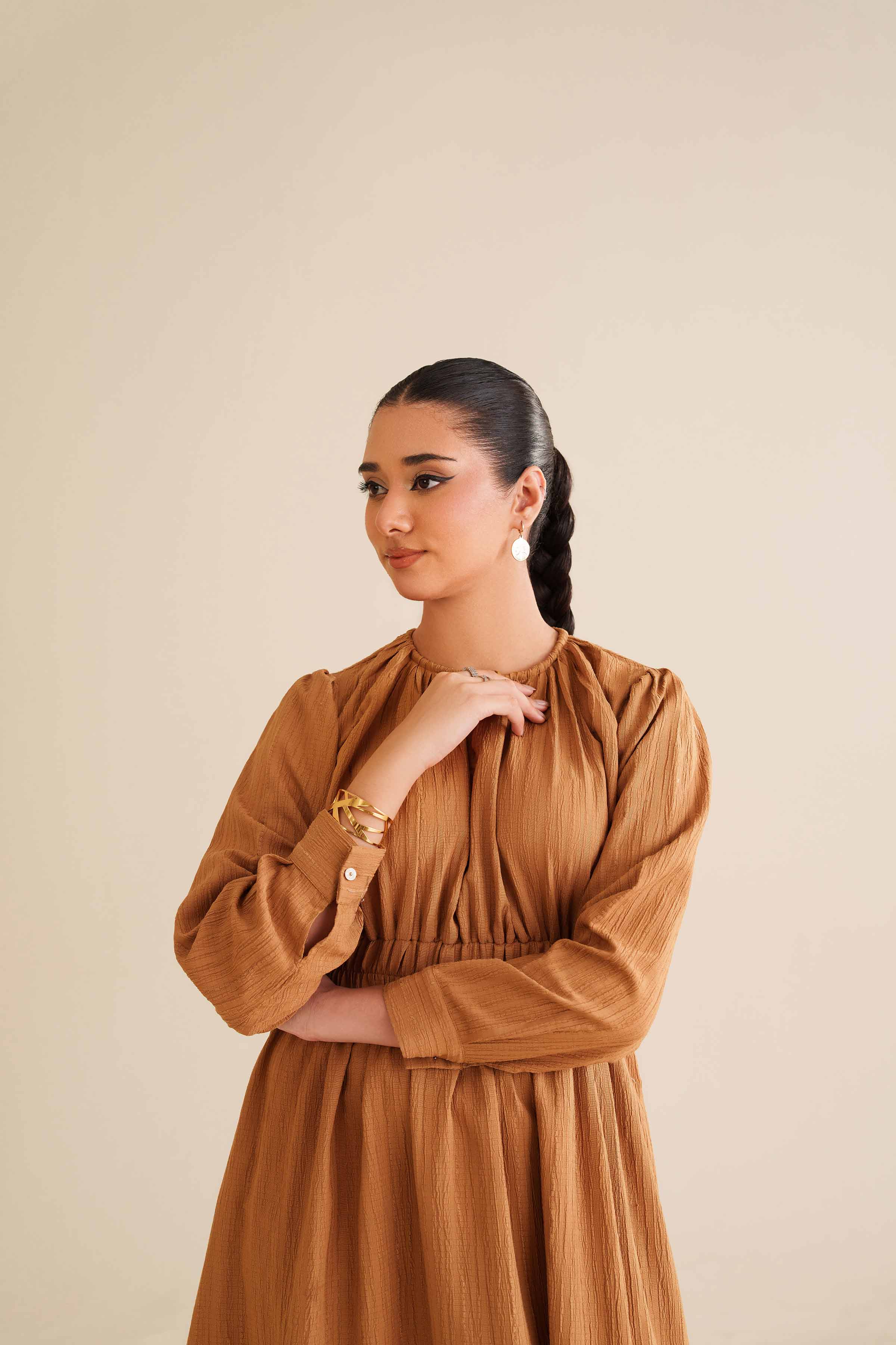 NishatUK - Yellow Solids Stripe Crinkle 1-piece ready to wear Long Dress