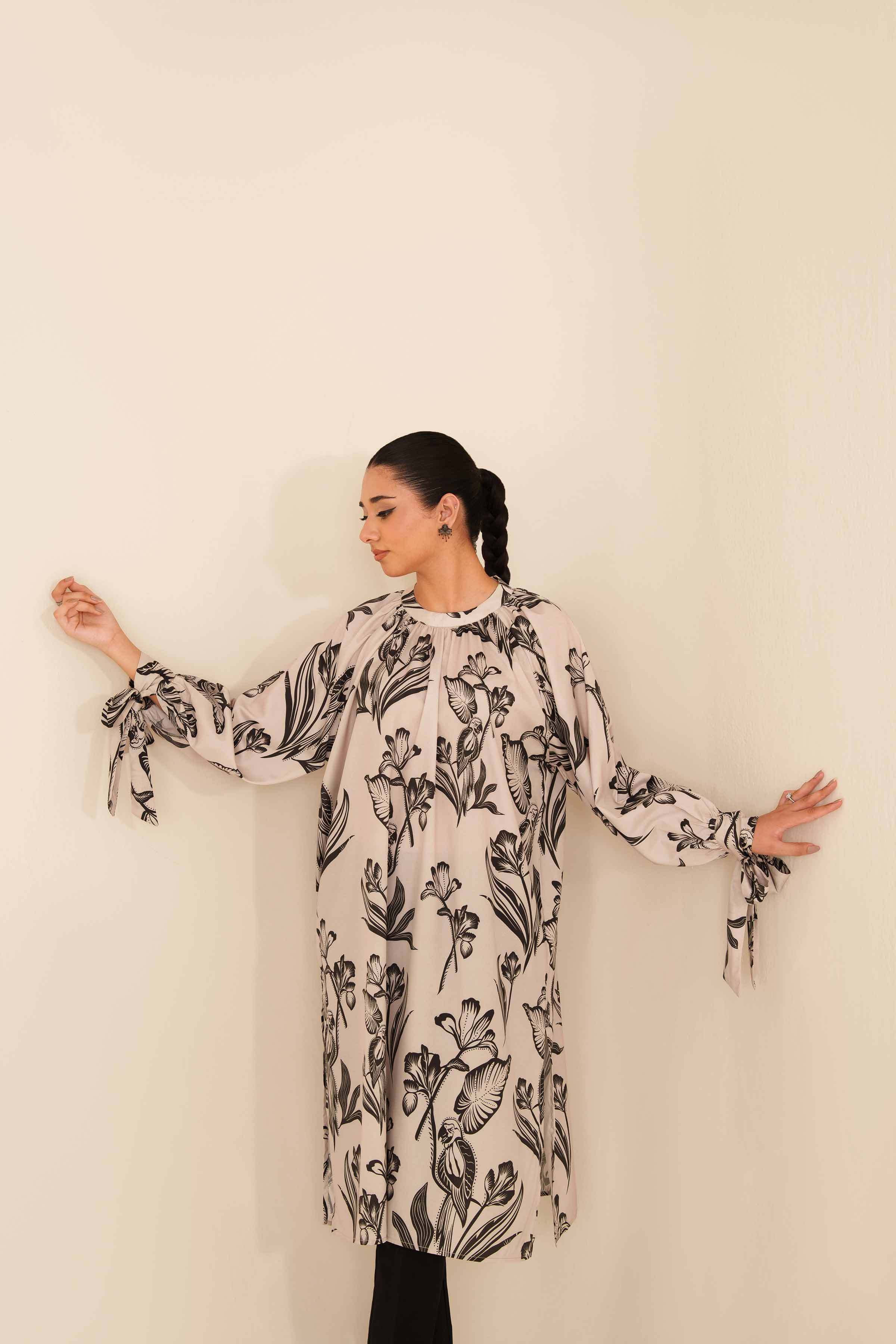 NishatUK - Beige Printed Silk 1-piece ready to wear Tunic