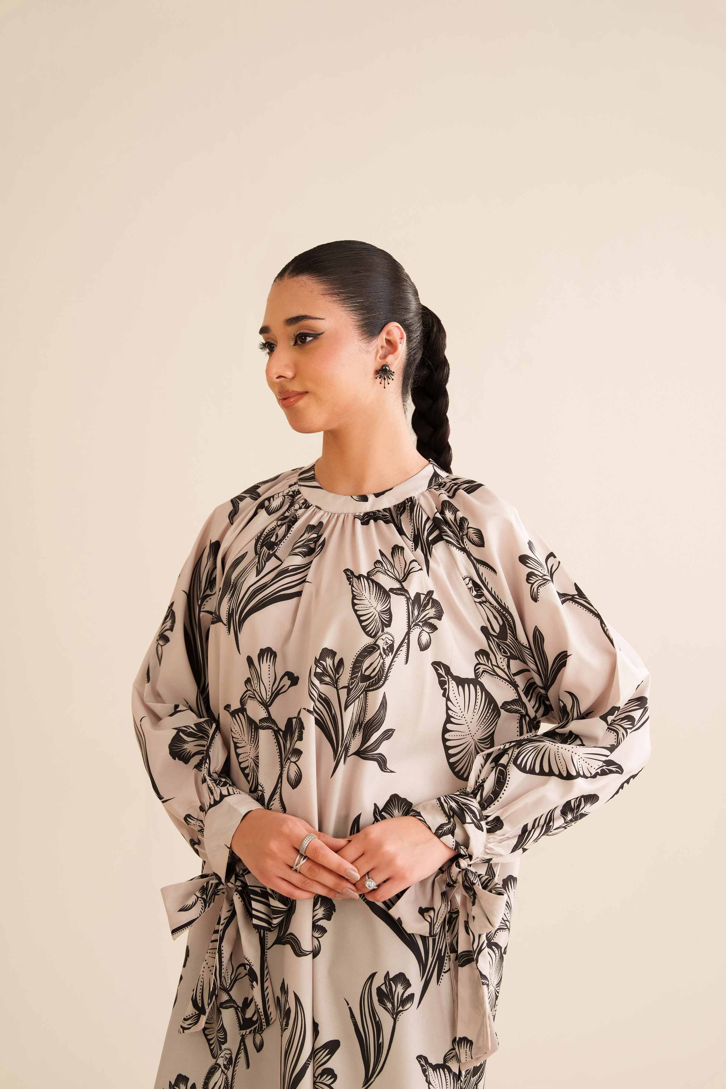 NishatUK - Beige Printed Silk 1-piece ready to wear Tunic