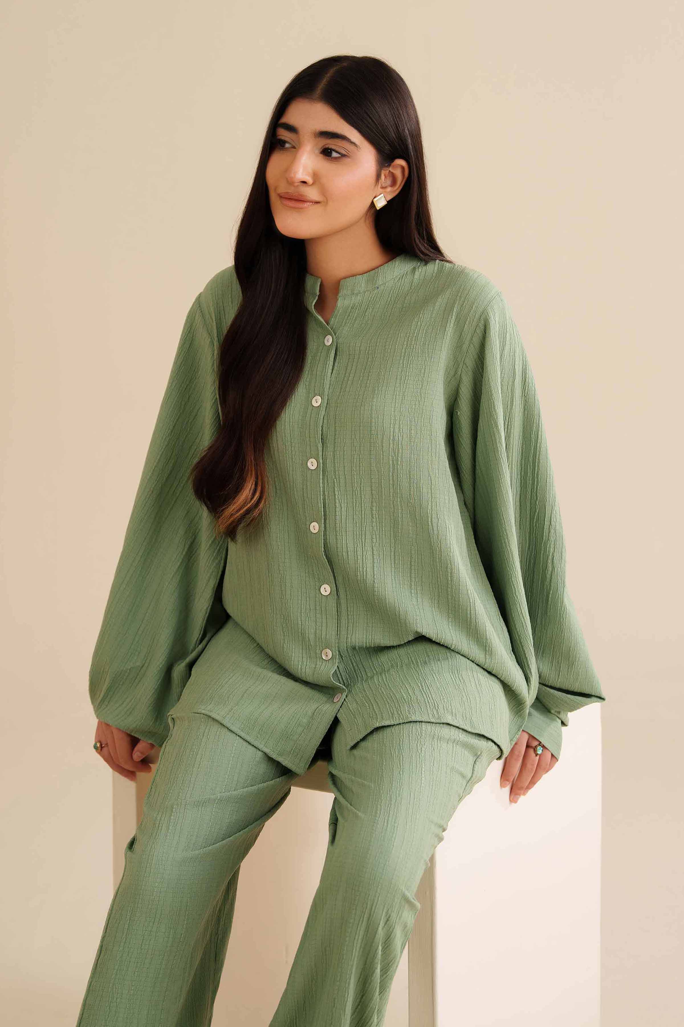 NishatUK - Pistachio Solids Stripe crinkle 2-piece ready to wear Dress