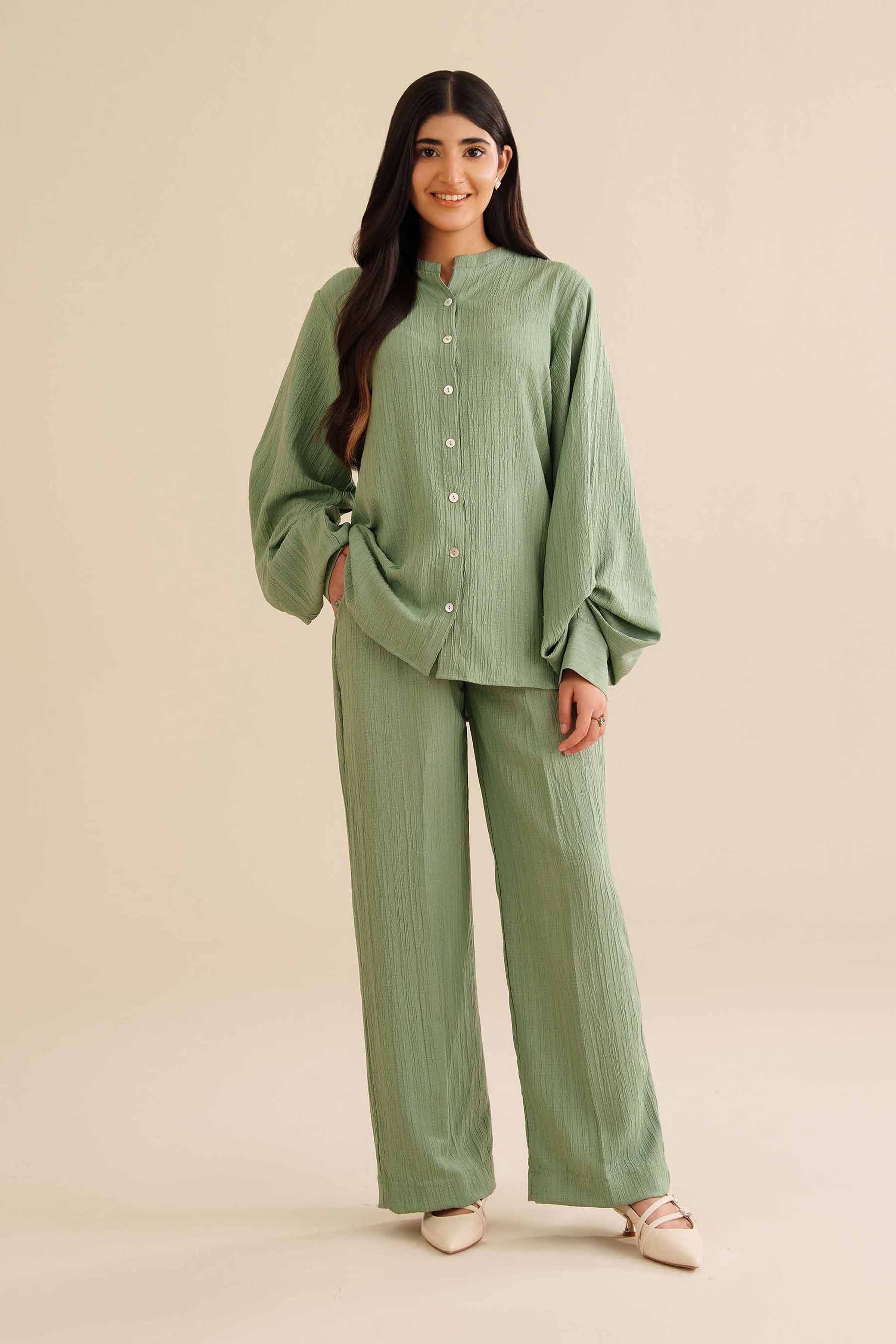 NishatUK - Pistachio Solids Stripe crinkle 2-piece ready to wear Dress