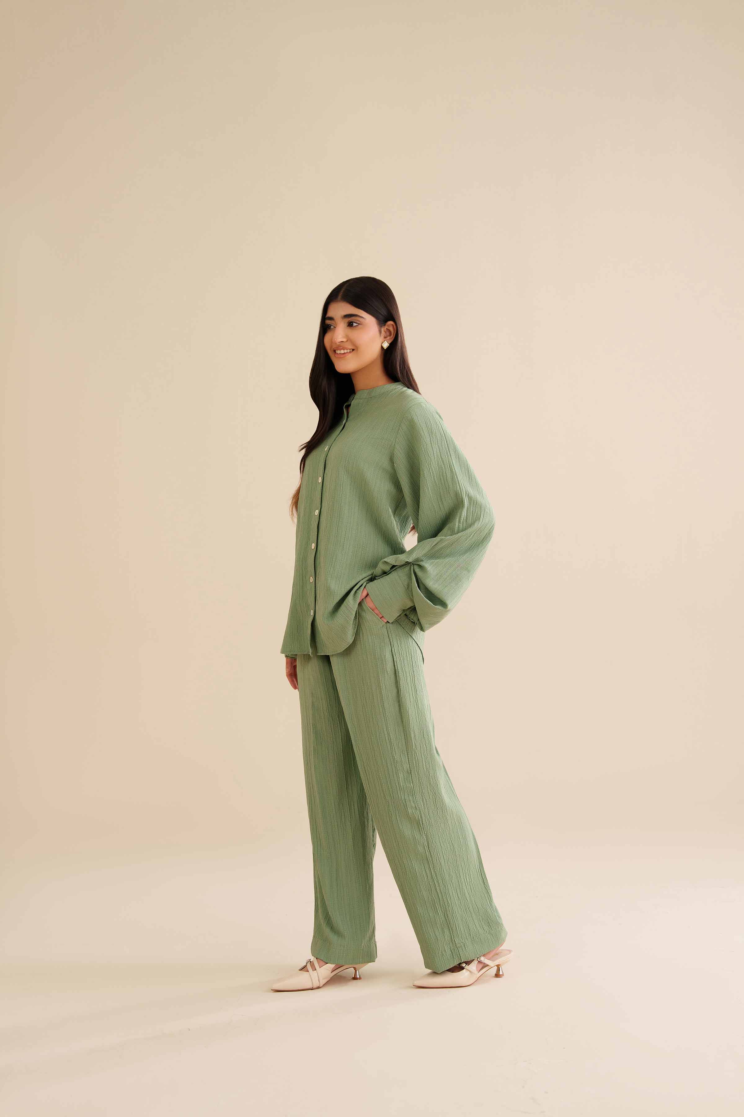 NishatUK - Pistachio Solids Stripe crinkle 2-piece ready to wear Dress