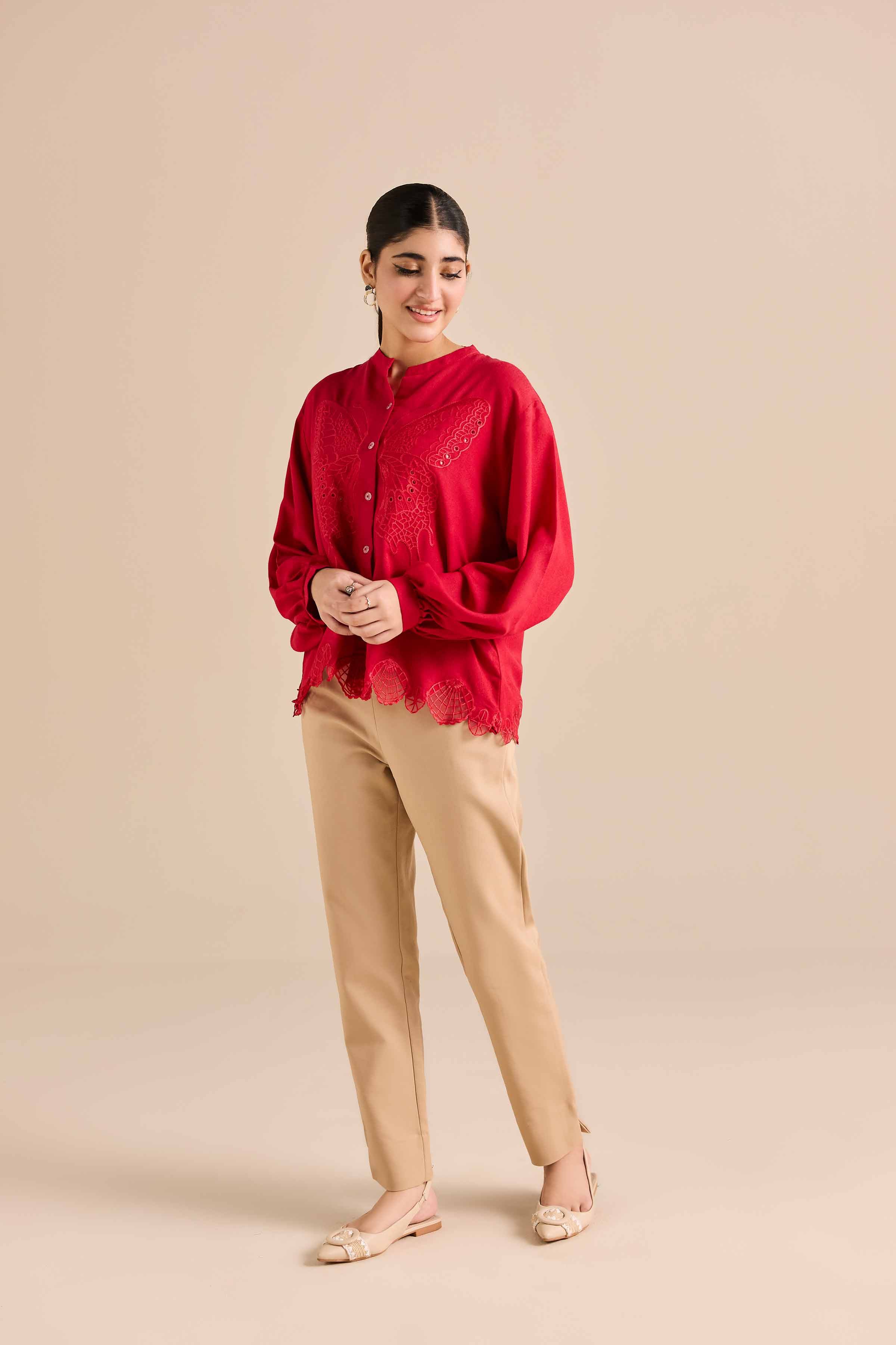 NishatUK - Red Embroidered Karandi 1-piece ready to wear Tunic