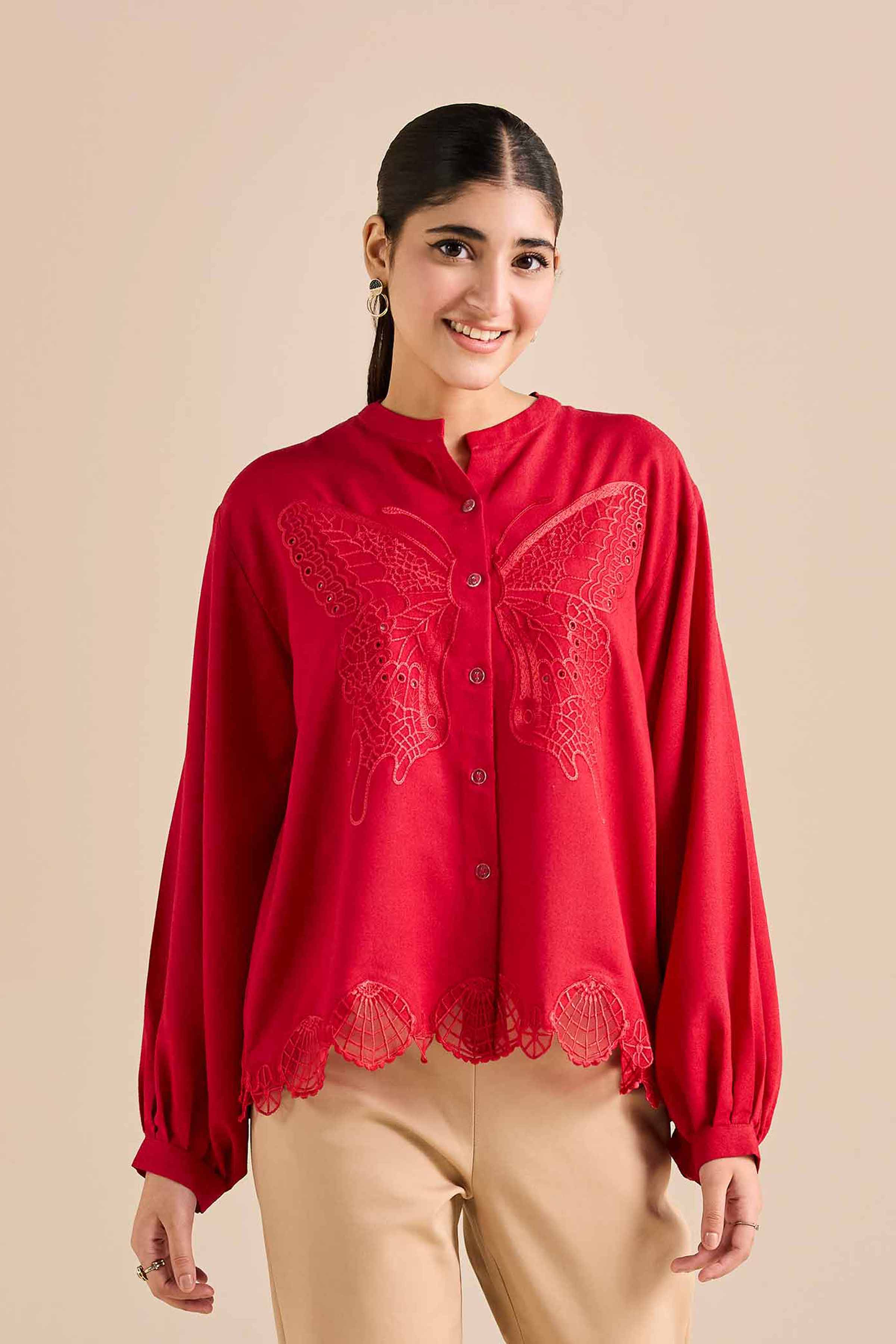 NishatUK - Red Embroidered Karandi 1-piece ready to wear Tunic