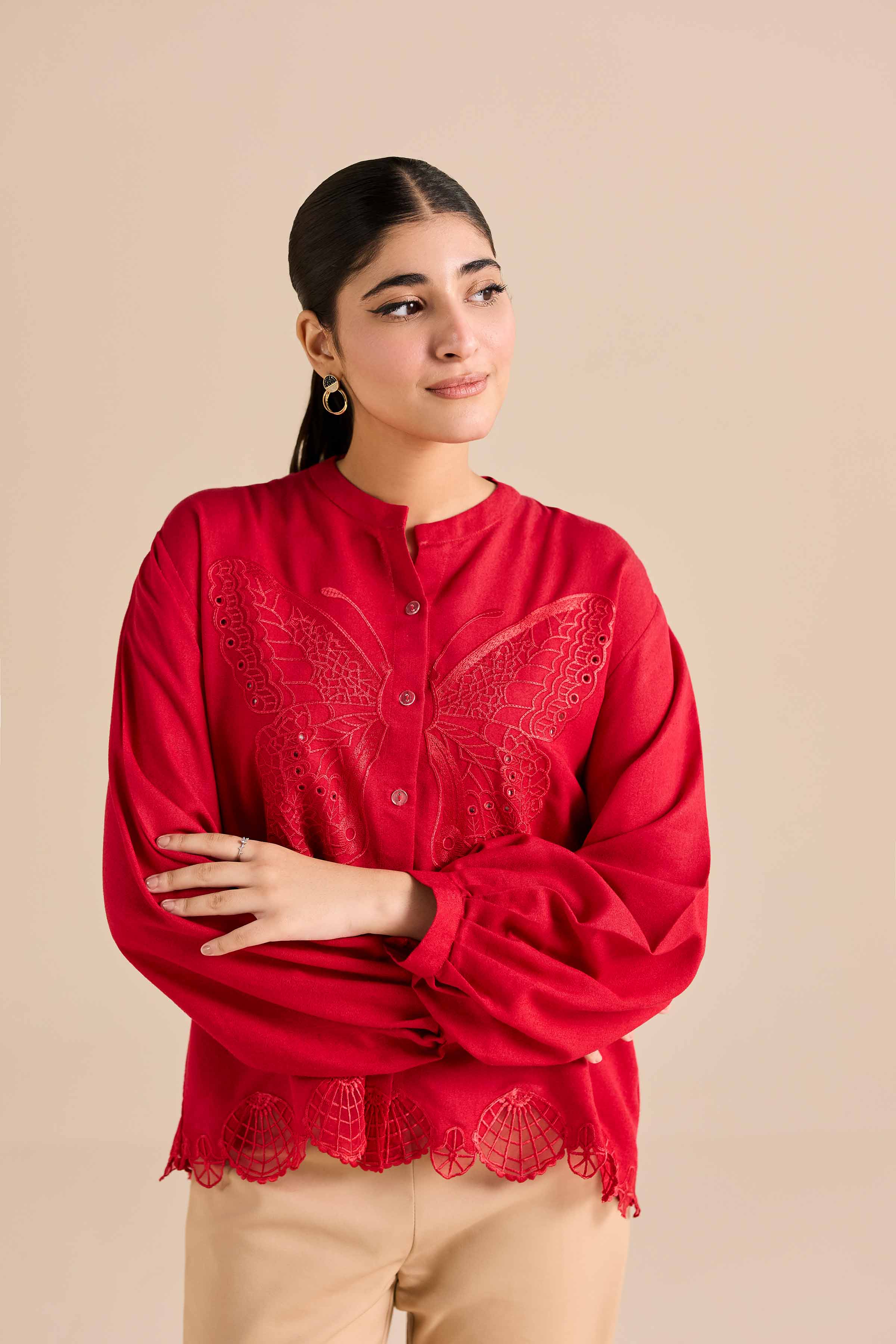 NishatUK - Red Embroidered Karandi 1-piece ready to wear Tunic