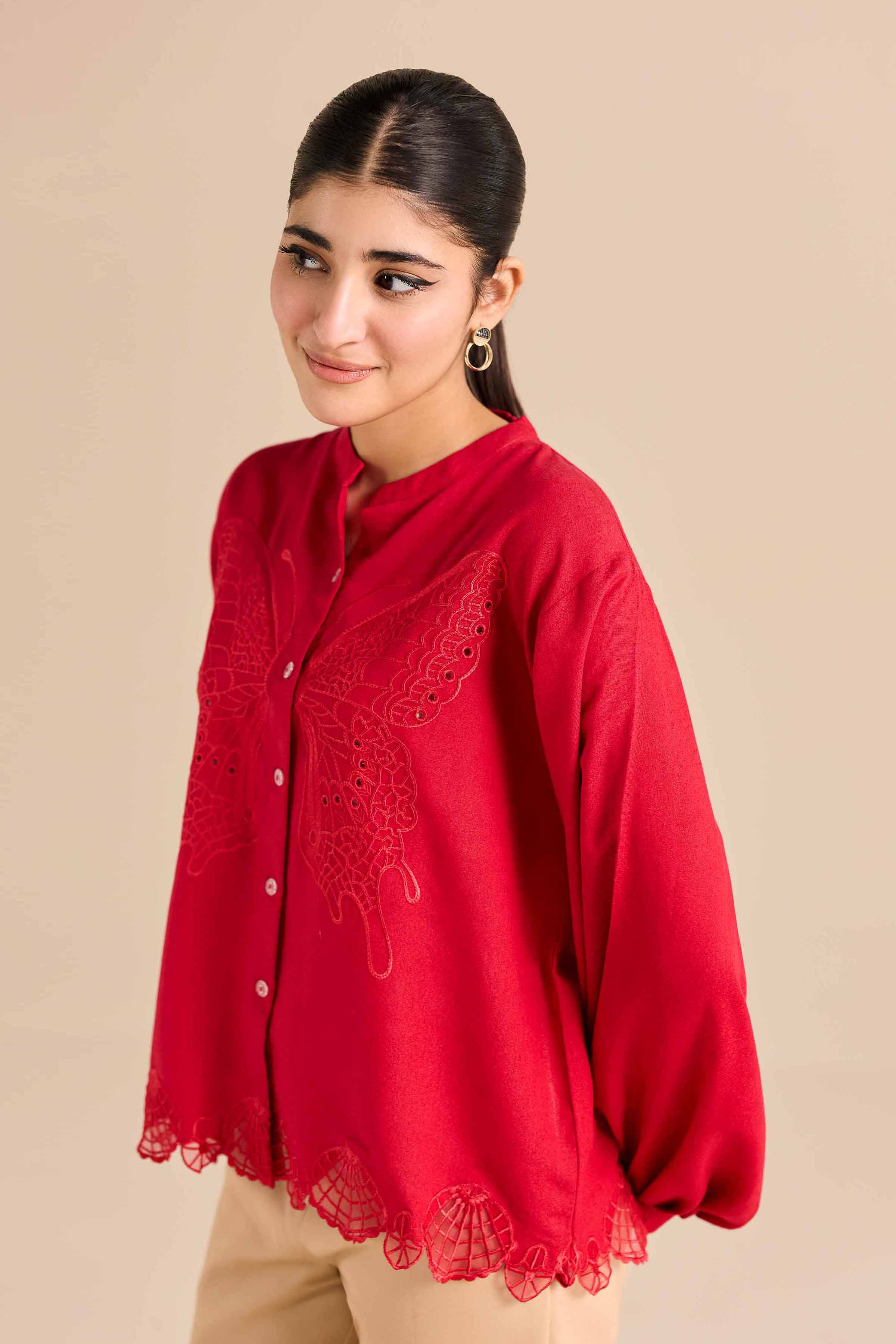 NishatUK - Red Embroidered Karandi 1-piece ready to wear Tunic