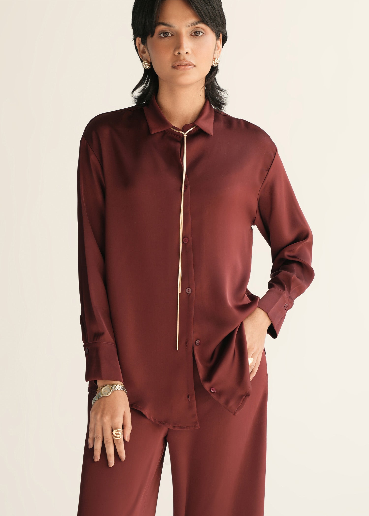 NishatUK - Maroon Solids  Polyester 1-piece ready to wear Shirt