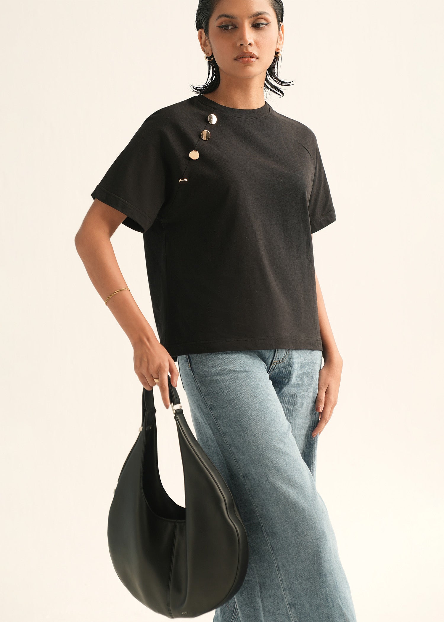 NishatUK - Black Solids  Cotton 1-piece ready to wear T-Shirt