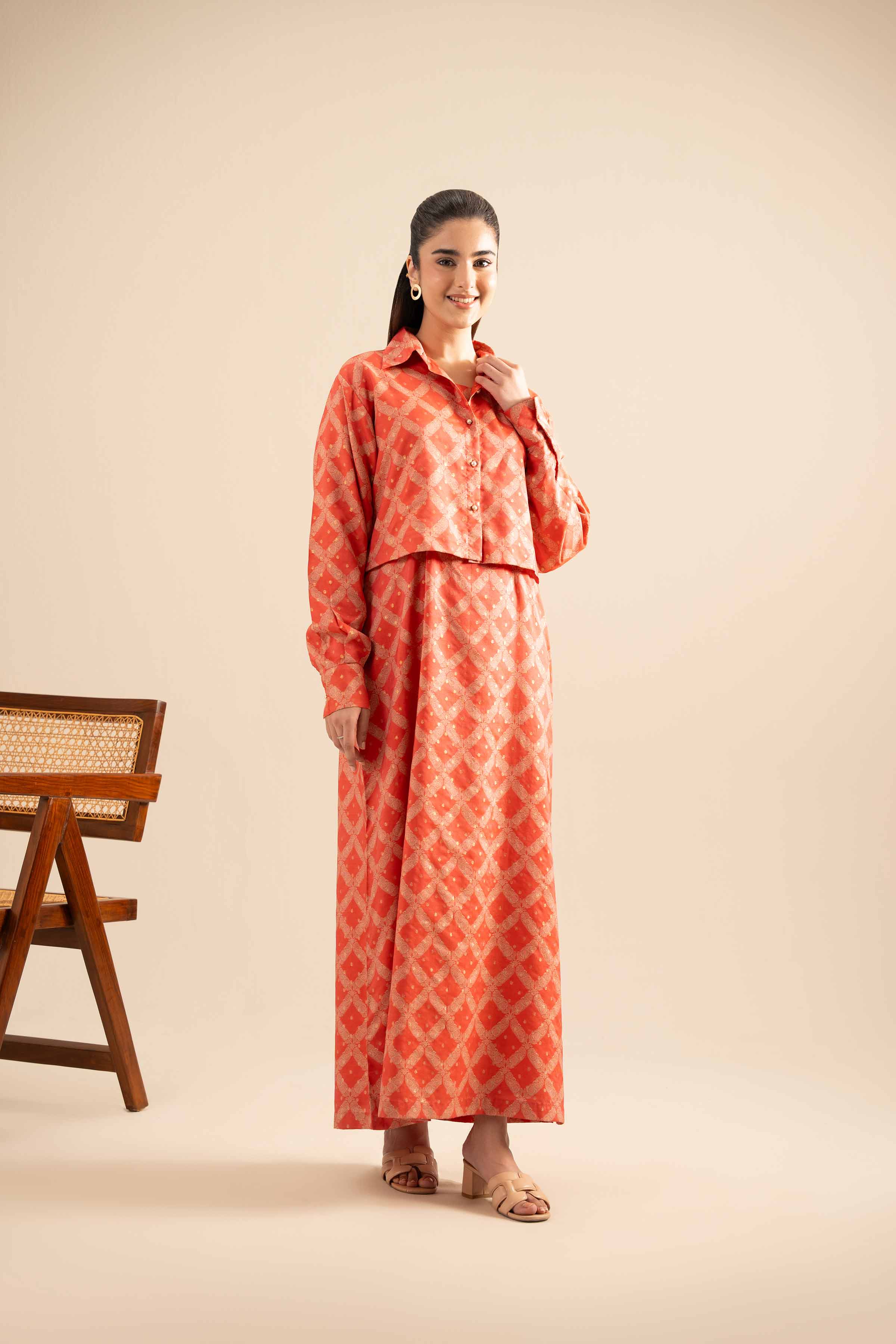 NishatUK - Peach Printed Monar Gold 2-piece ready to wear Long Dress