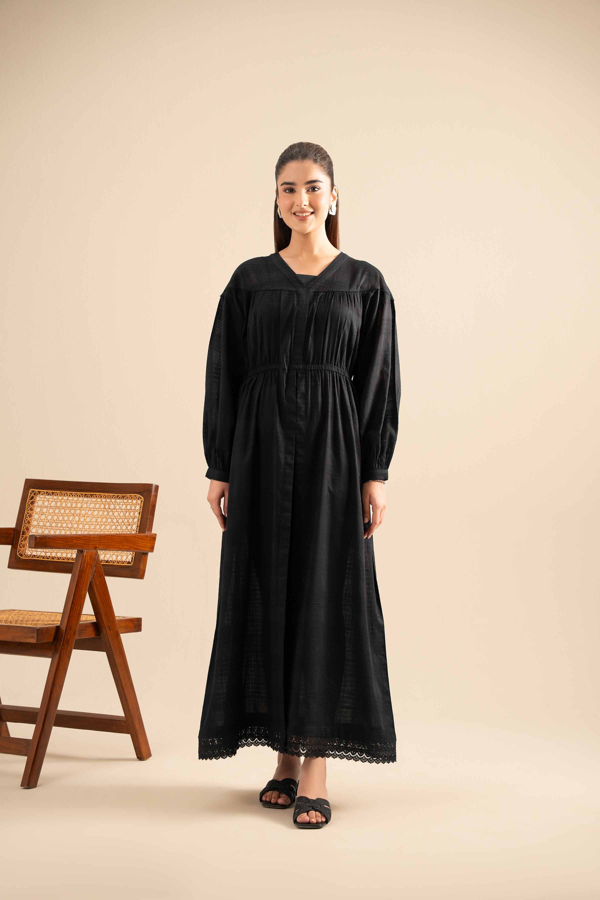 NishatUK - Black Solids Lawn 1-piece ready to wear Long Dress