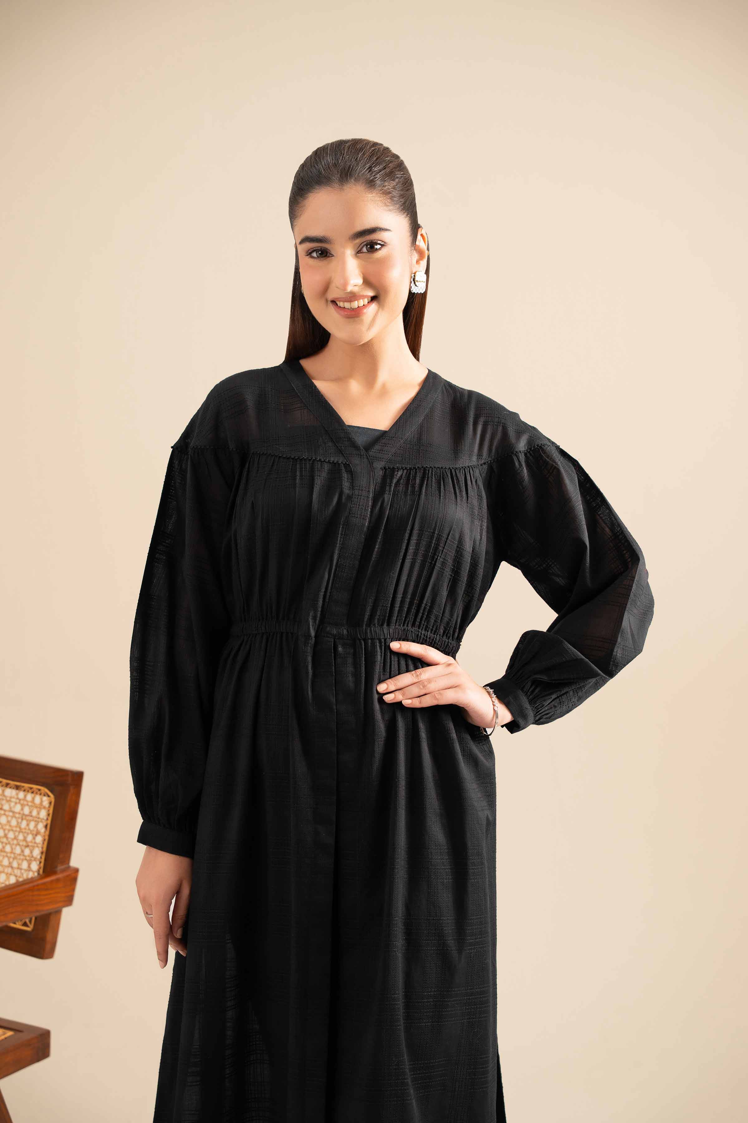 NishatUK - Black Solids Lawn 1-piece ready to wear Long Dress