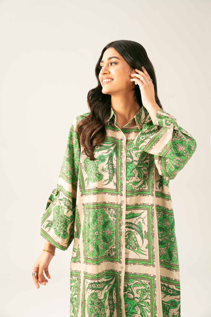 NishatUK - Brown Printed Silk 2-piece ready to wear Long Dress