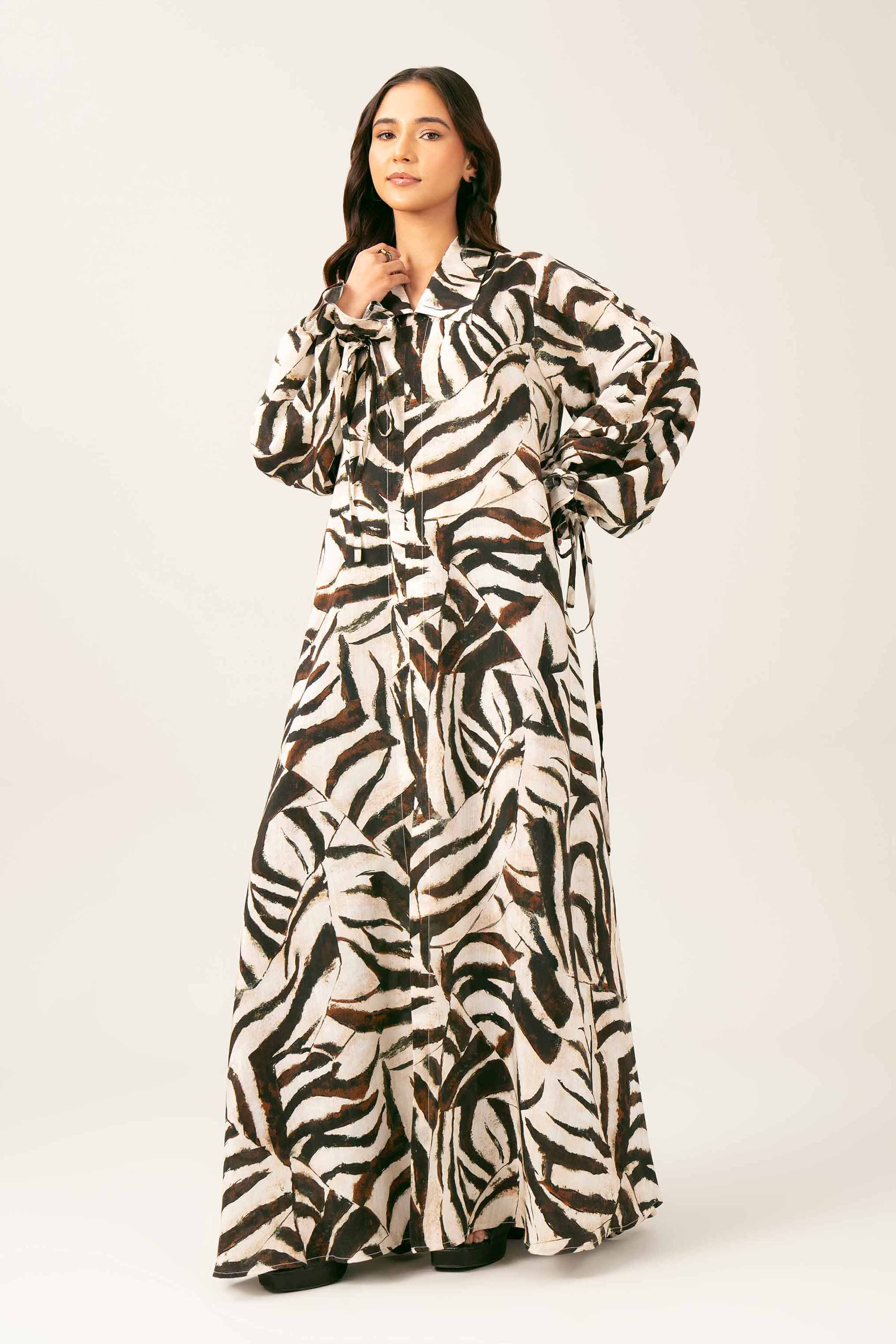 NishatUK - Brown Printed Silk 1-piece ready to wear Long Dress