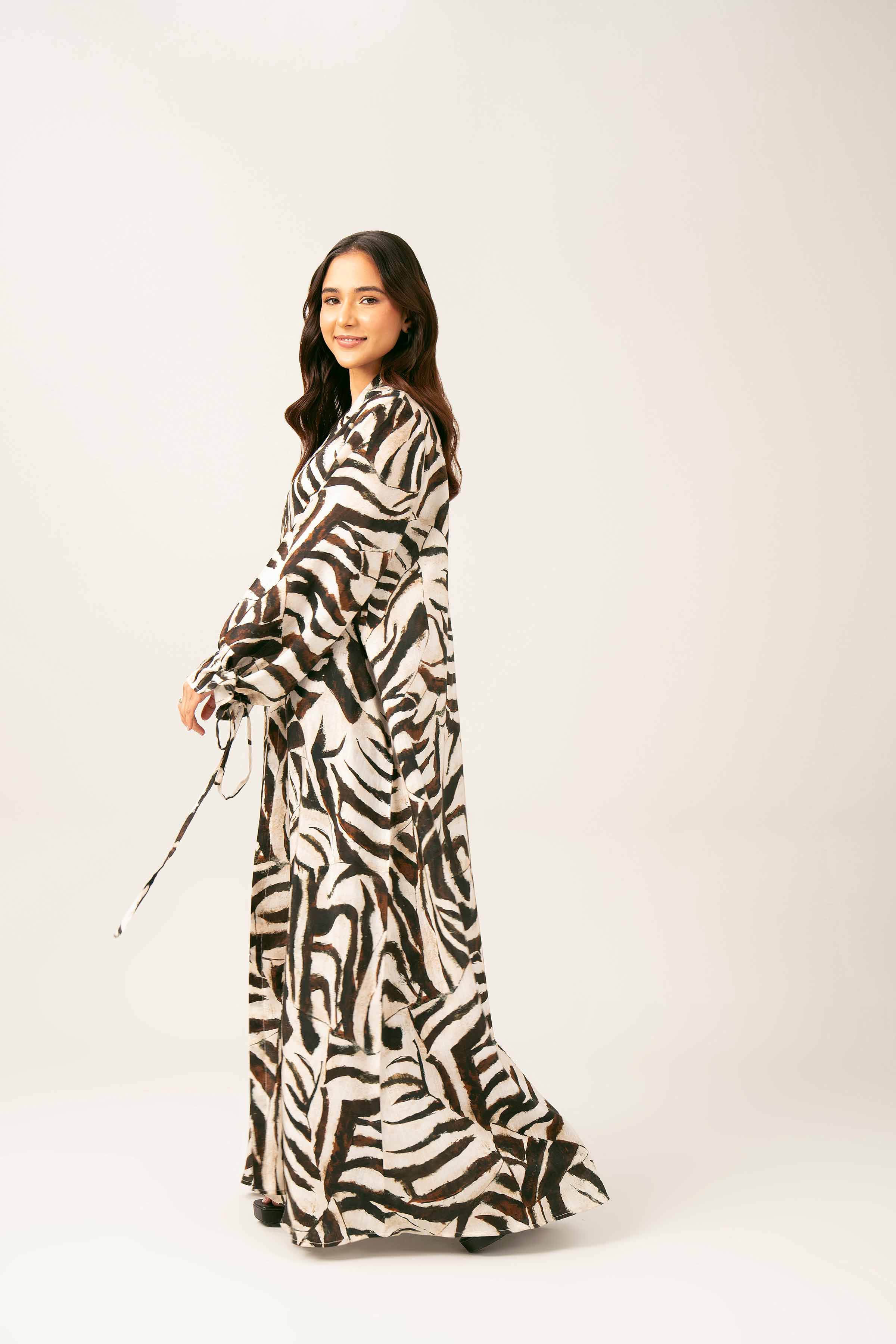 NishatUK - Brown Printed Silk 1-piece ready to wear Long Dress