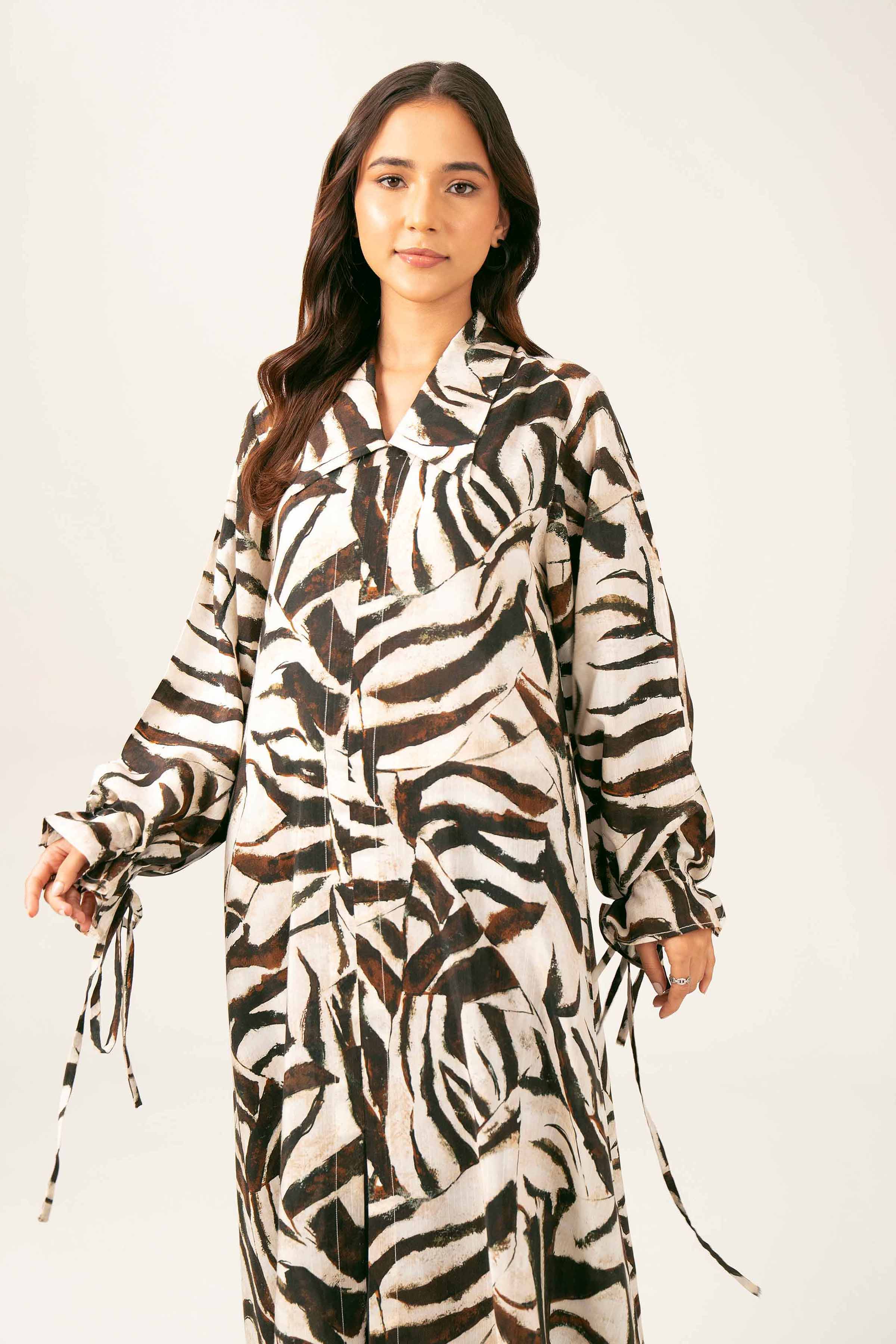 NishatUK - Brown Printed Silk 1-piece ready to wear Long Dress