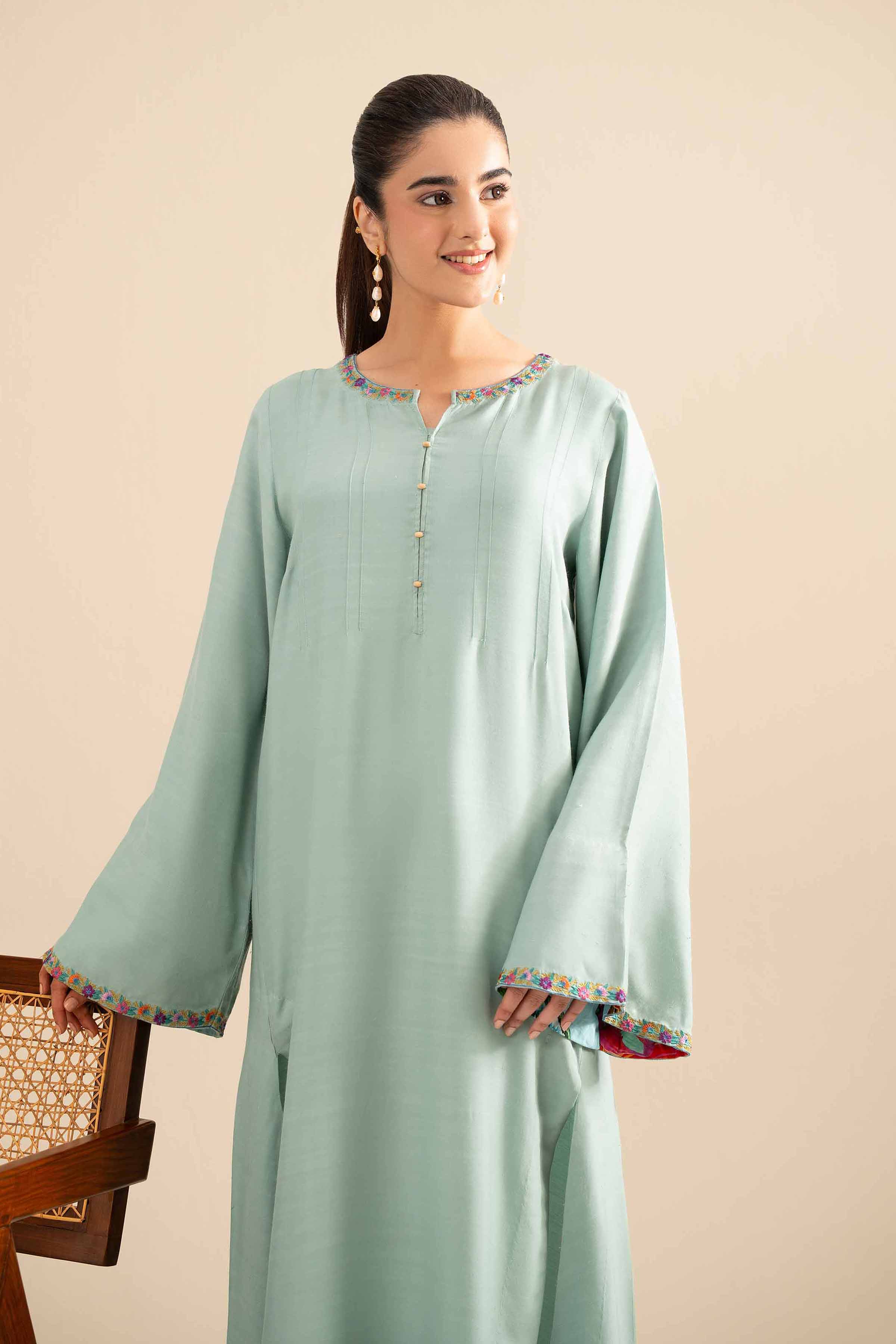 NishatUK - Sea Green Embroidered  Silk 1-piece ready to wear Long Dress
