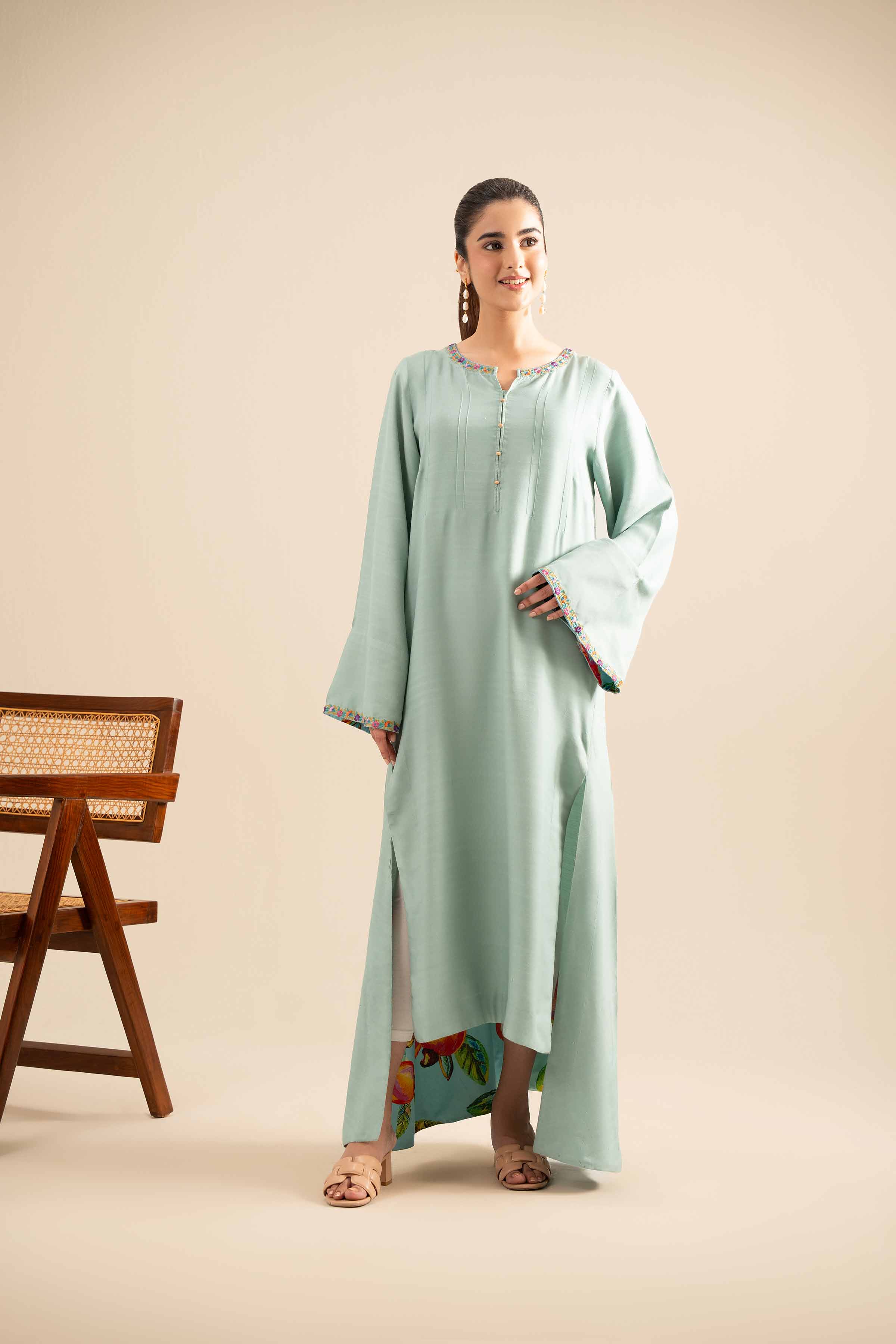 NishatUK - Sea Green Embroidered  Silk 1-piece ready to wear Long Dress