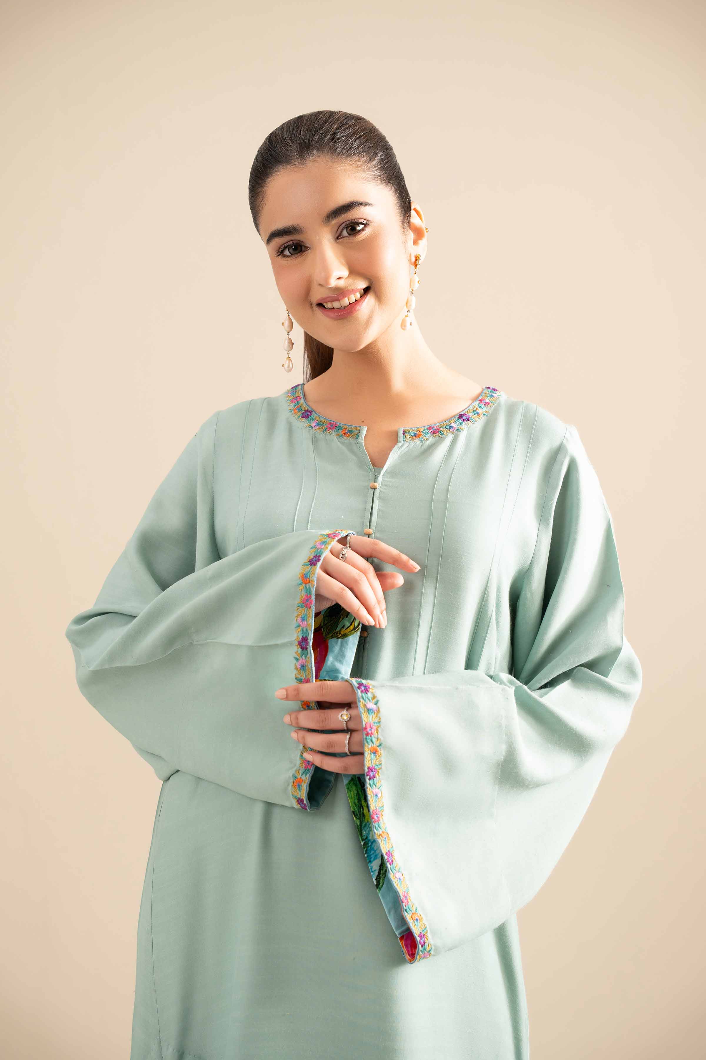 NishatUK - Sea Green Embroidered  Silk 1-piece ready to wear Long Dress