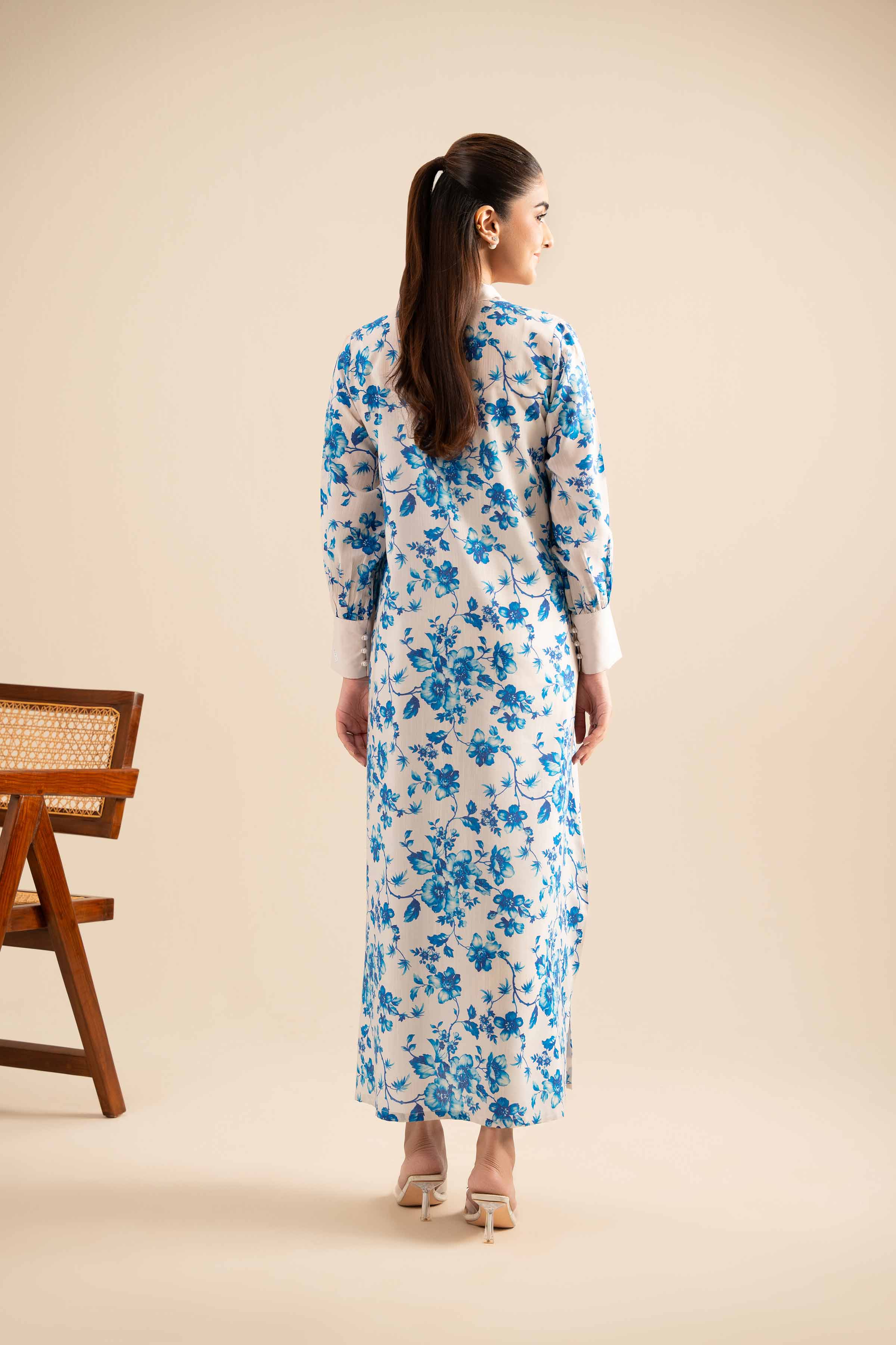 NishatUK - Beige Printed Silk 1-piece ready to wear Fustan