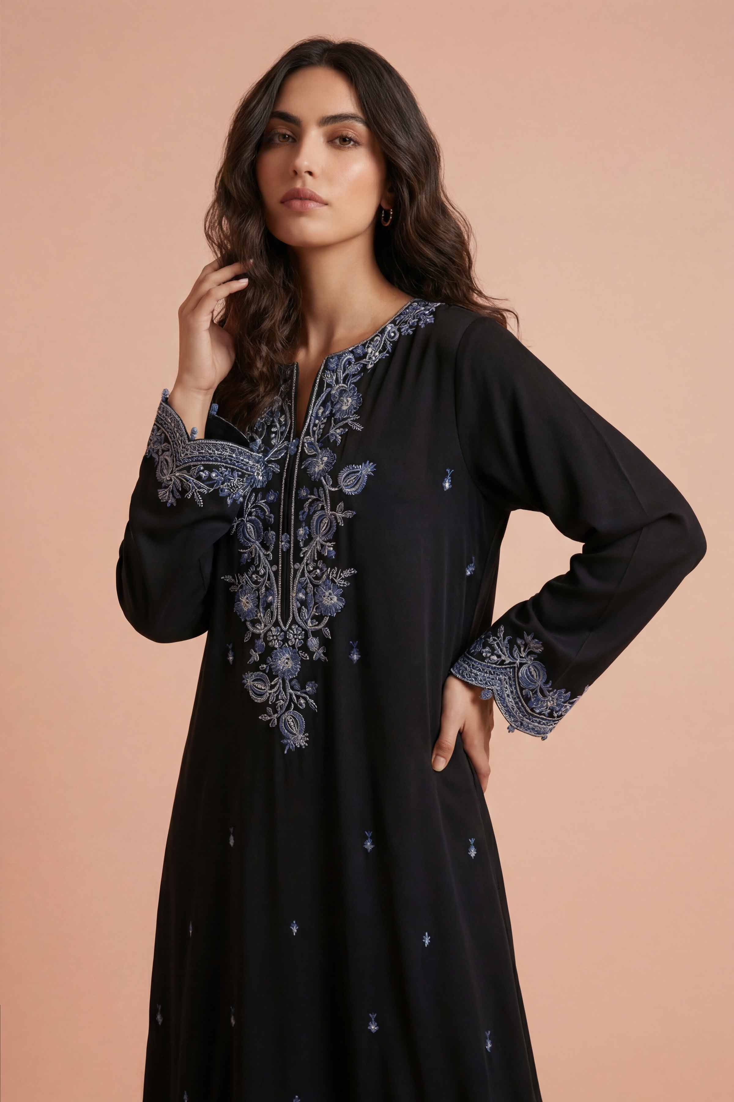 Nishat UK - Black Embroidered Georgette 1-piece ready to wear Long dress