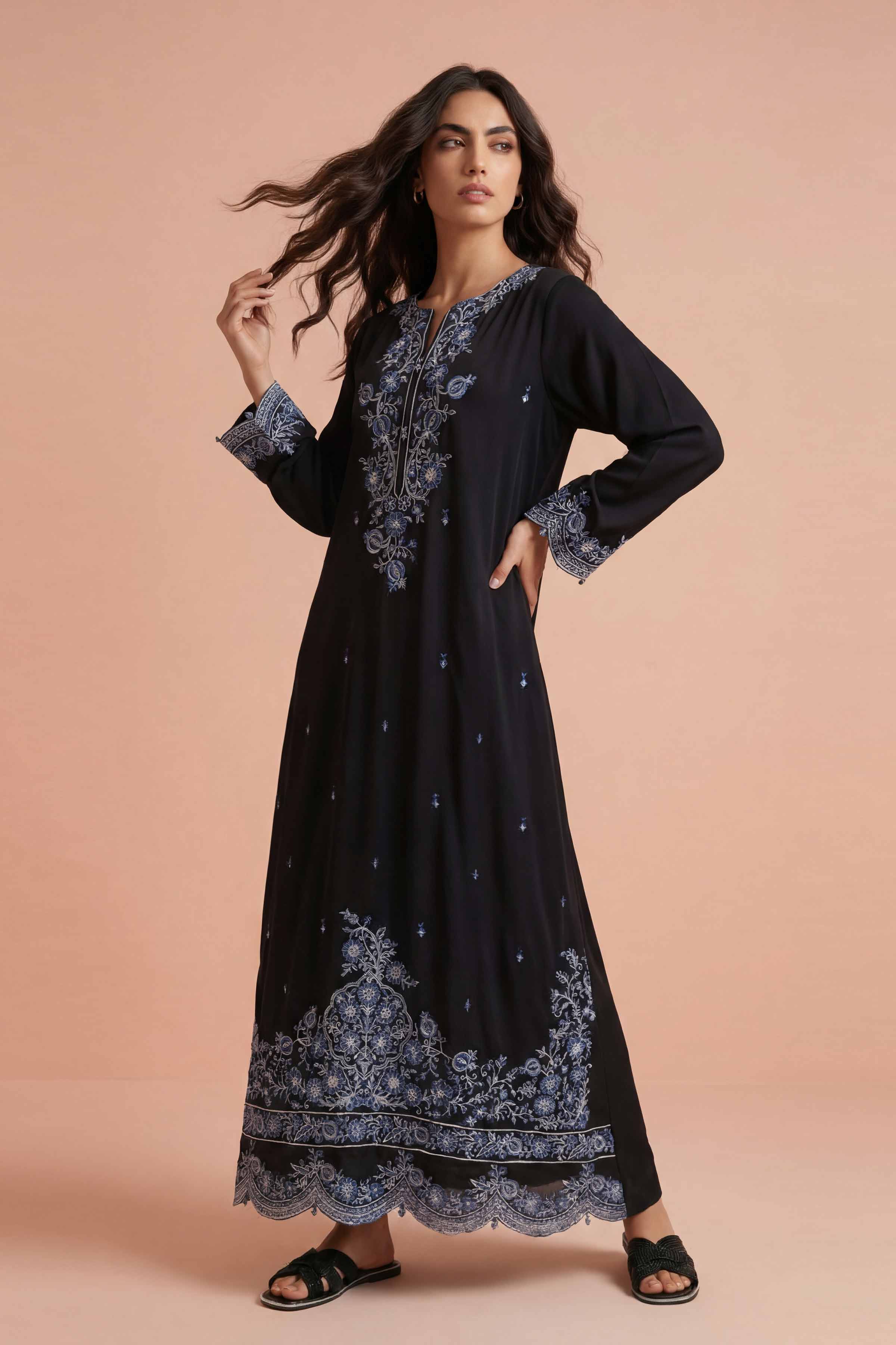 Nishat UK - Black Embroidered Georgette 1-piece ready to wear Long dress