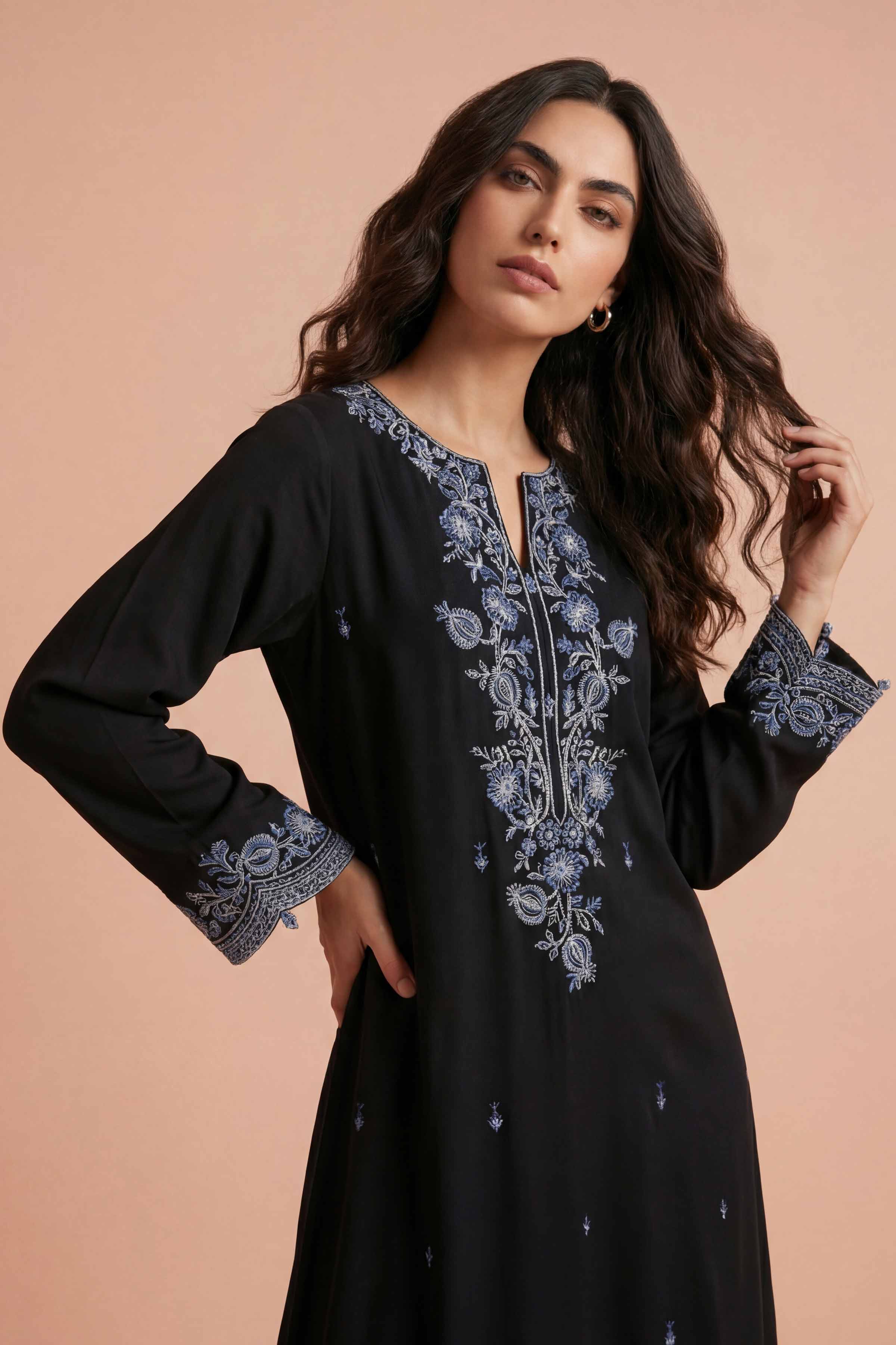 Nishat UK - Black Embroidered Georgette 1-piece ready to wear Long dress