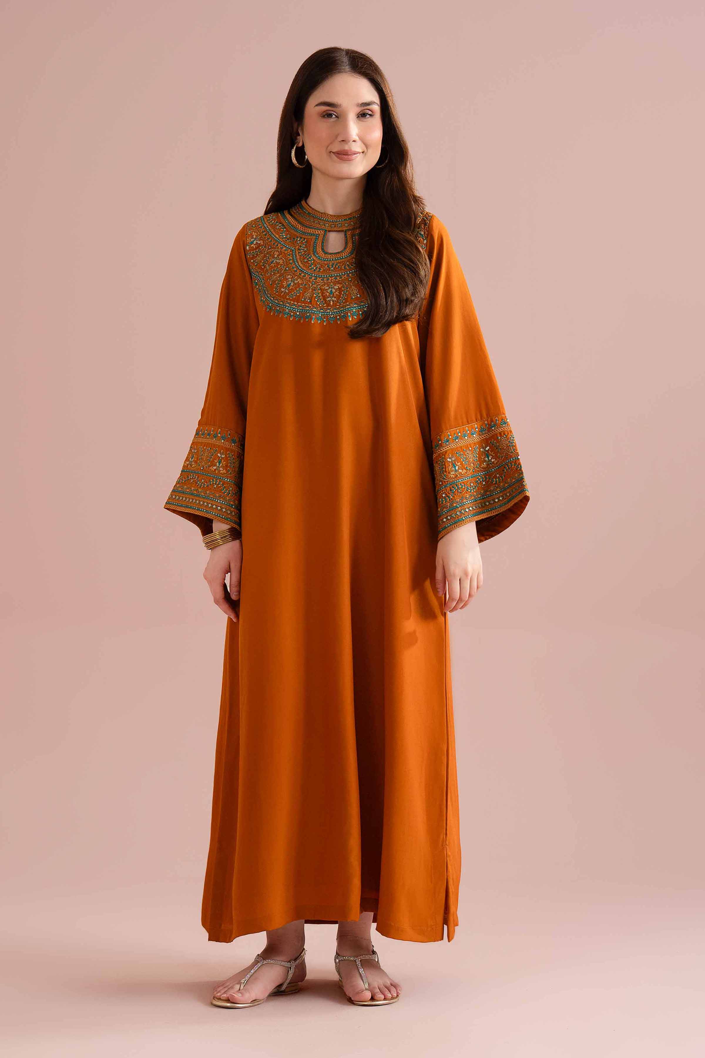 NishatUK - Orange Embroidered Fine Grip 1-piece ready to wear long dress